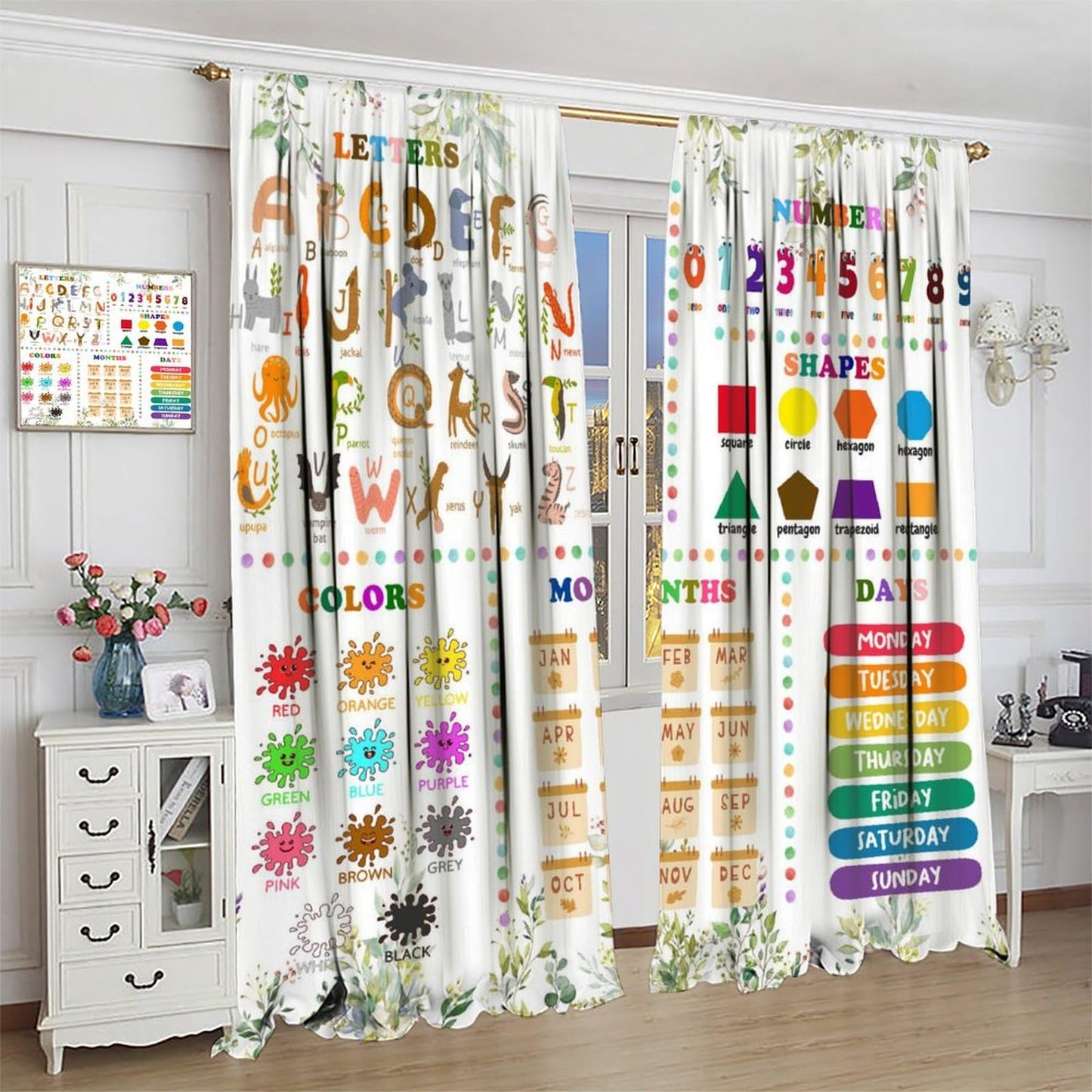 Kids Alphabets ABC Curtains,Cartoon Numeric Color Animal Nursery Eucalyptus Leaves Plant Funny School Education Window Drapes Print for Boys Girls Baby Children Toddler Bedroom 42x45in（No Blackout）