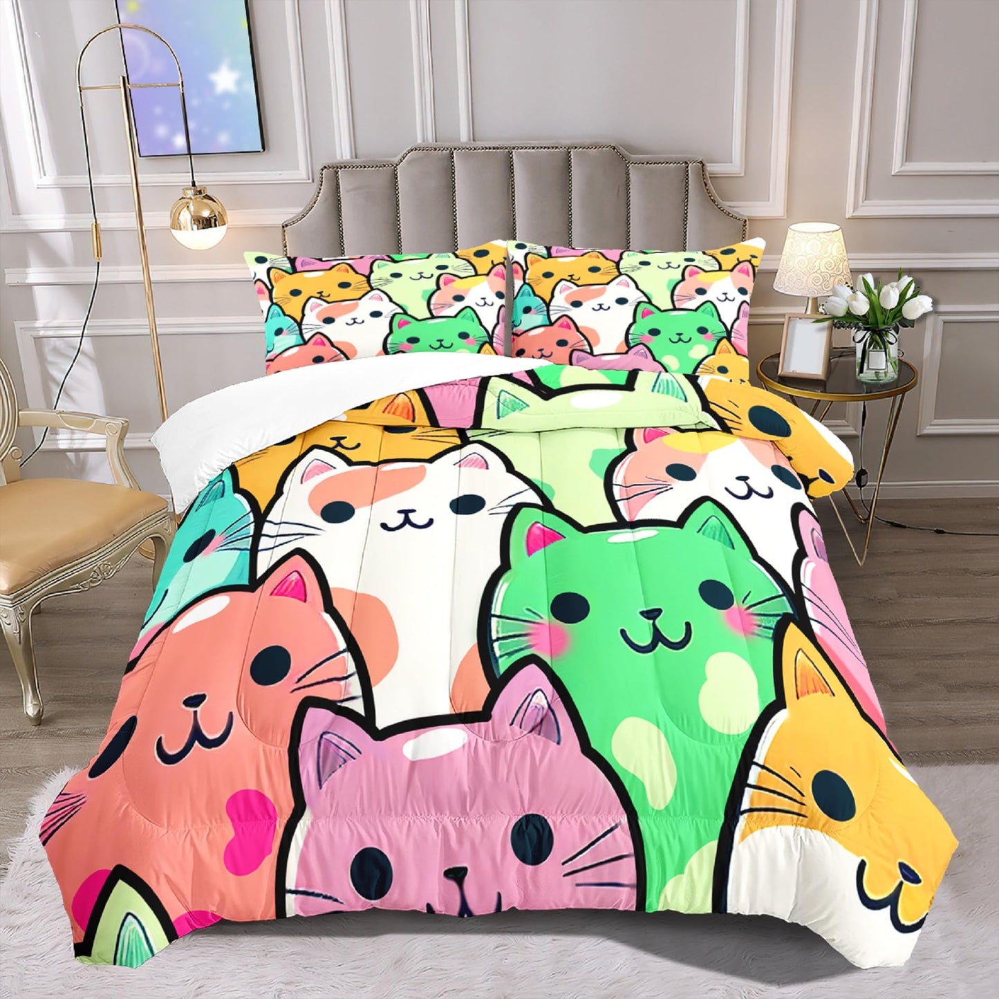 Jiospet Cat Bedding Set - Full Size Comforter, 2 Pillowcases for Girls, Soft Breathable Polyester, Machine Washable, Cat Themed Bedding for Kids Room Decor, Birthday & Holiday Gift