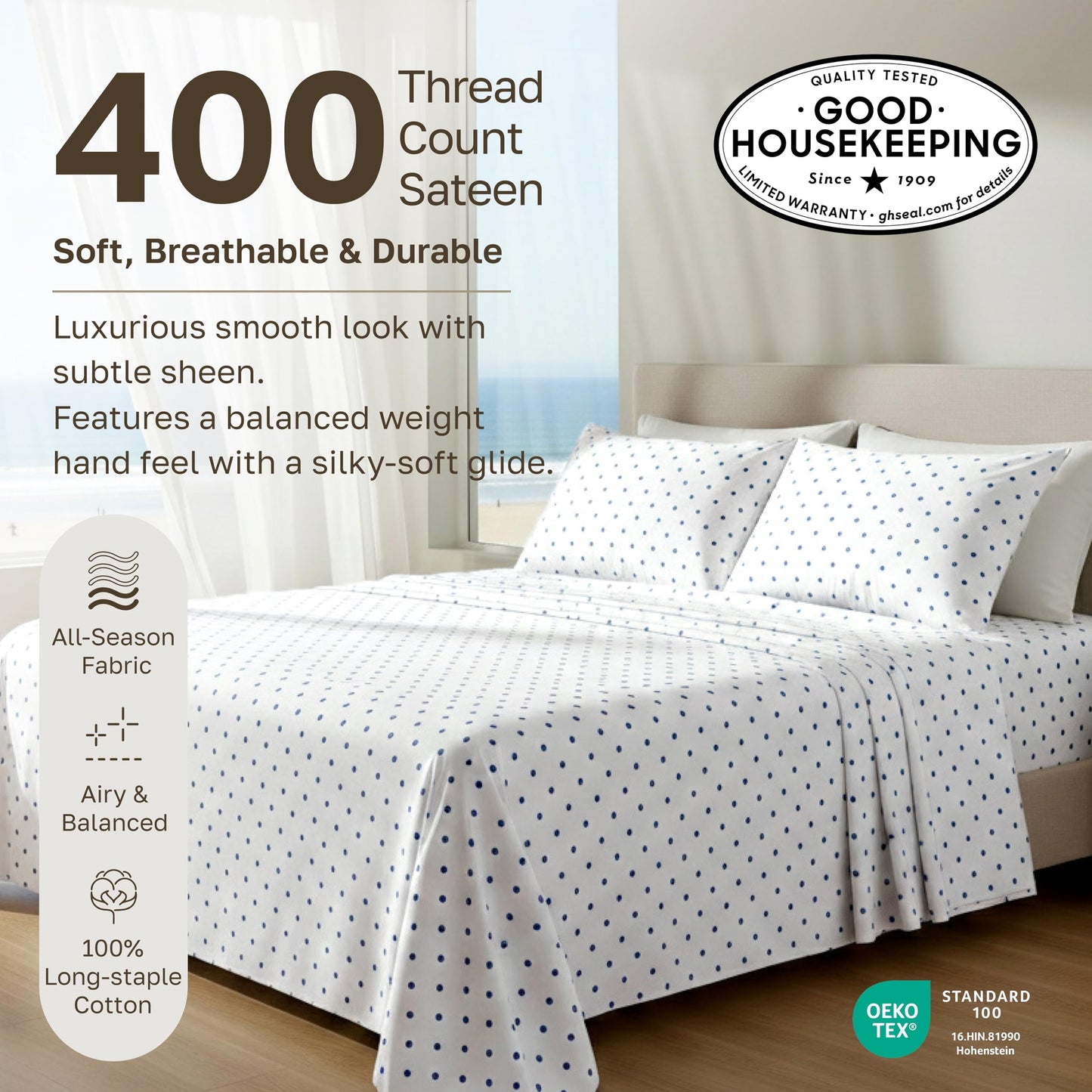 California Design Den Soft 100% Cotton Queen Sheet Set, 400 TC Good Housekeeping Award Winner, Smooth Sateen Finish with Deep Pockets, Cozy and Durable Cotton Bedding Set - Polka Dot
