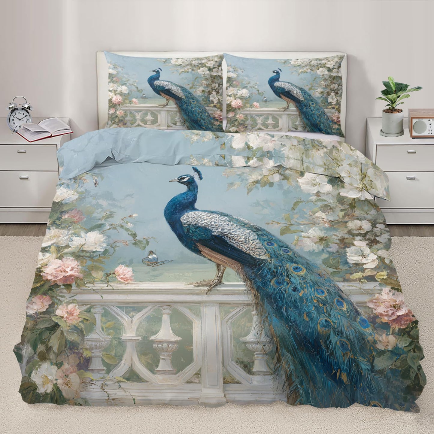 Blue Peacock Comforter Cover 68" x 90", Bird and Floral Bedding Twin Size, Chinoiserie Duvet Cover with 2 Pillowcases