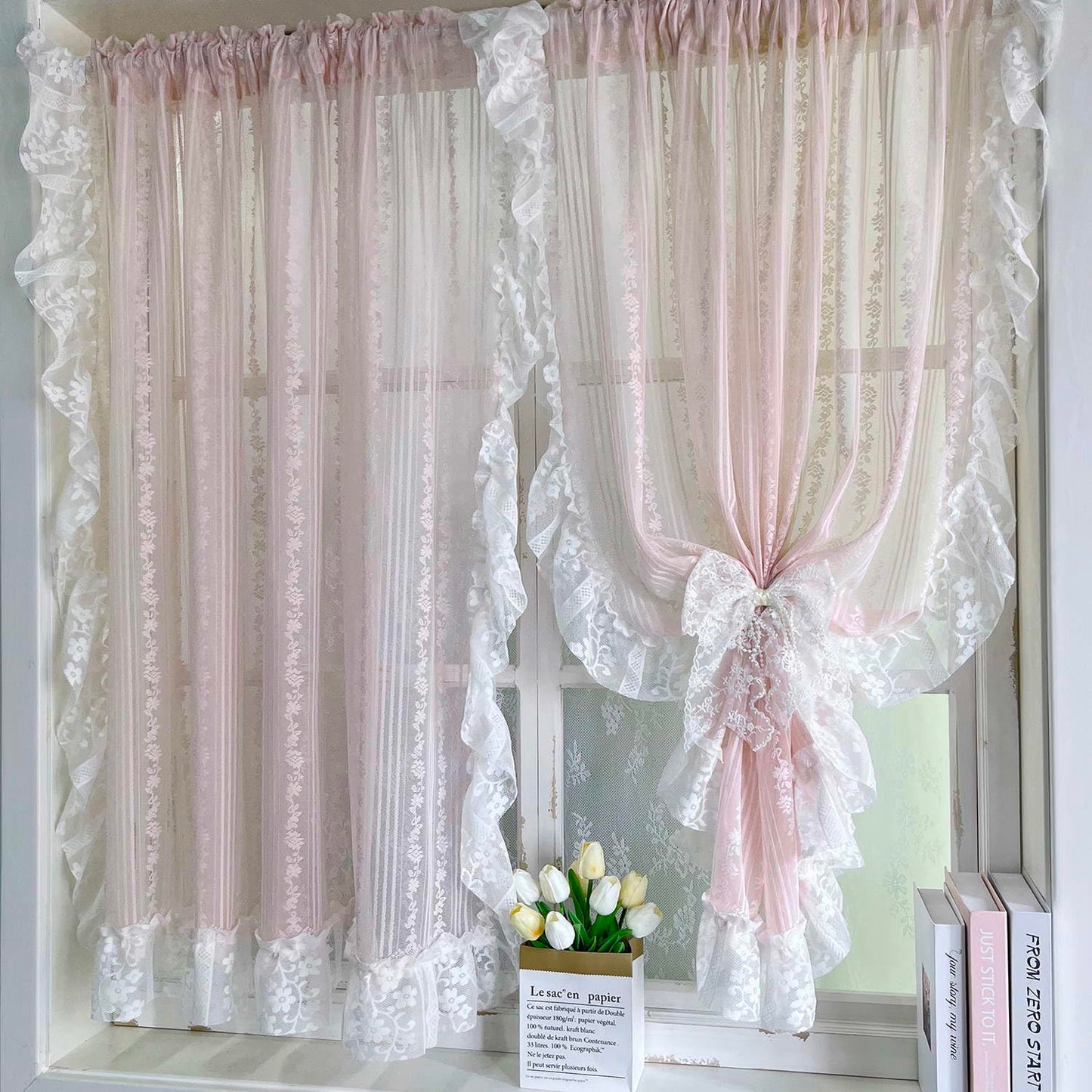 NewWPKIRA Floral Embroidery Sheer Lace Curtain with Ruffle Trim Romantic Gauze Curtains for Girl's Bedroom Living Room Rod Pocket Top 2 Panels (Pink,W59 x L47 inches)
