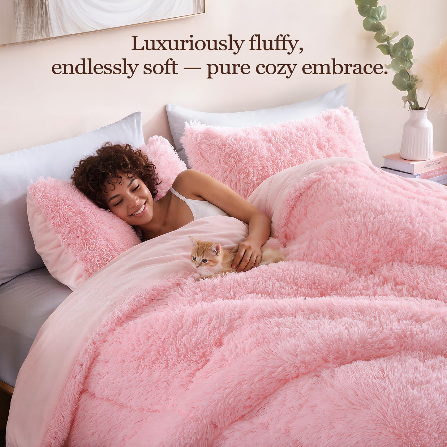 Smoofy Fluffy Queen Comforter Set, Faux Fur Pink Comforter Set Queen Size, Luxury Fuzzy Bedding Set, Soft Shaggy Bed Set Pink for All Season, 3 Pieces - 1 Comforter & 2 Pillowcases