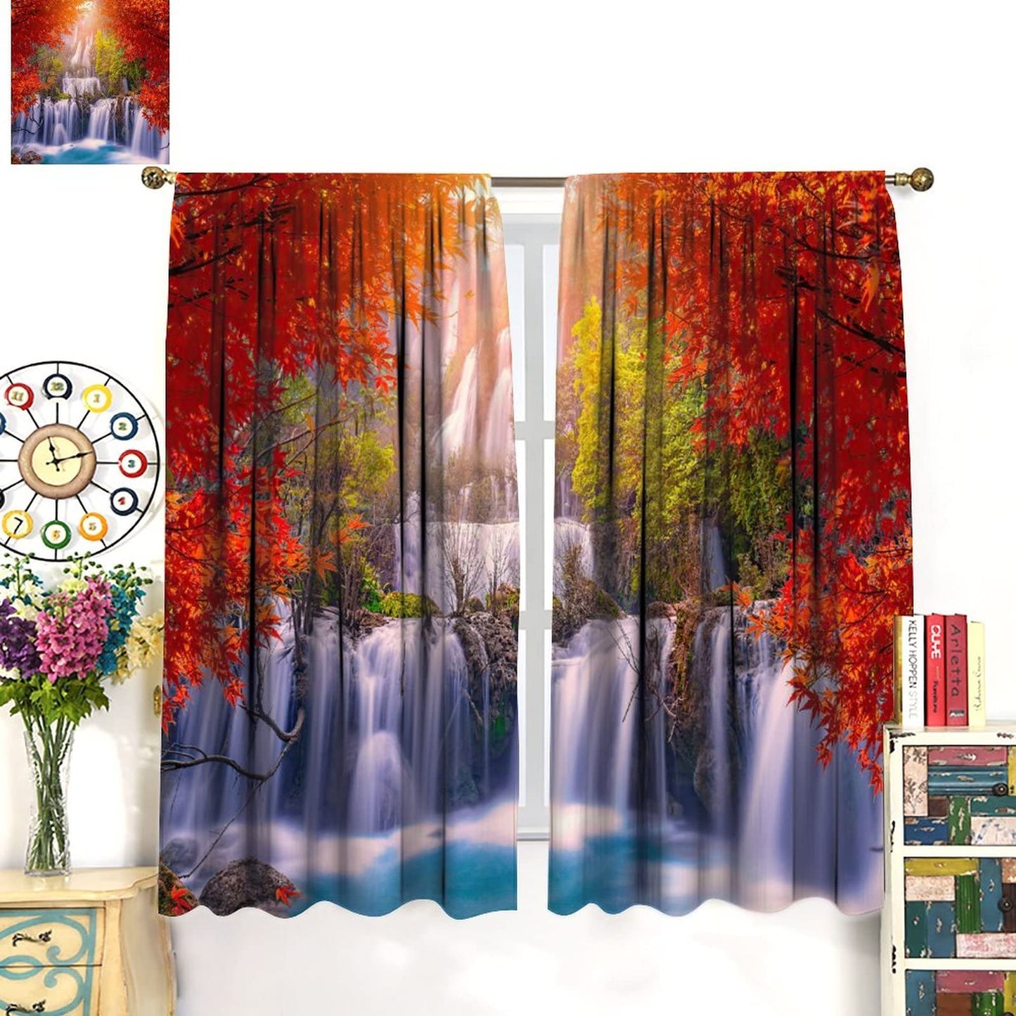 GoDazzling Forest Waterfall Blackout Windows Curtains, Autumn Red Green Maple Leaves Jungle Rainforest Natural Scenery Landscape Curtains, for Living Room Bedroom 42x45in 2 Panels