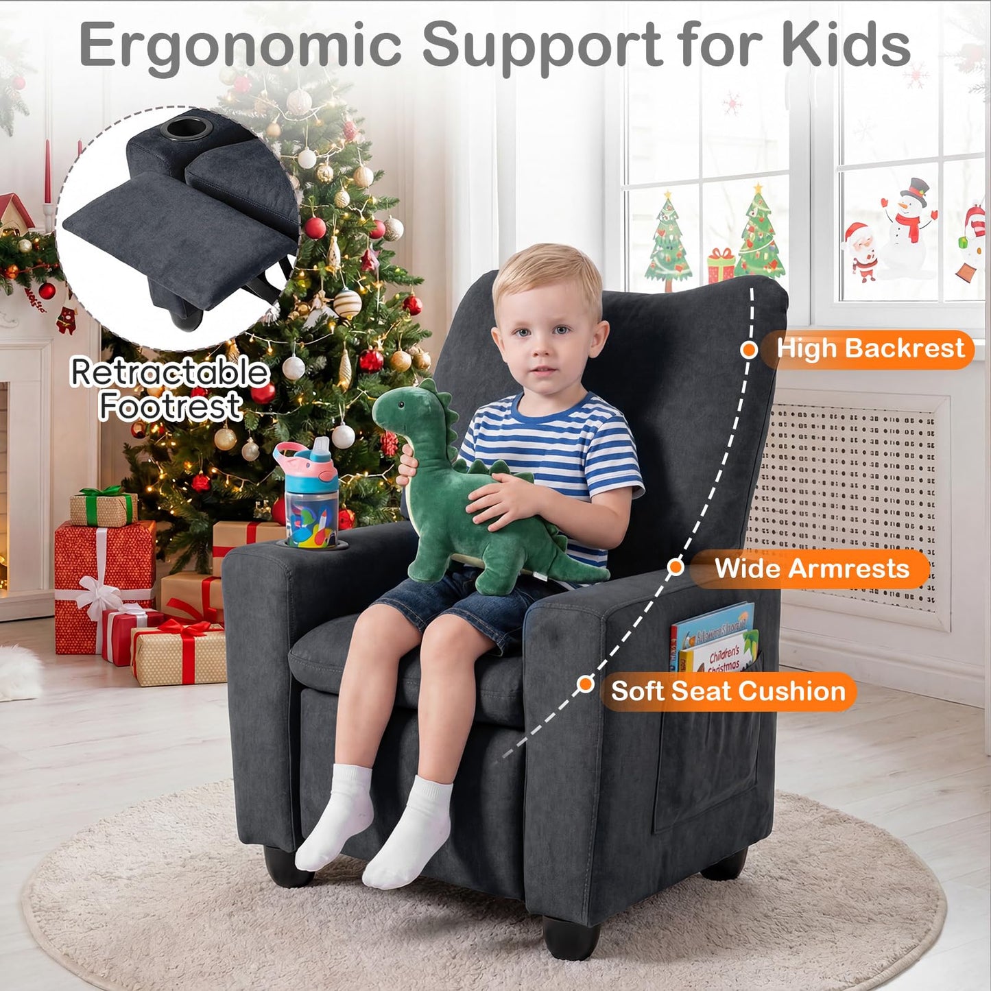 Costzon Kids Recliner Chair with Cup Holder, Toddler Adjustable Lounge Chair w/Footrest for Boys Girls Room, Ergonomic Baby Child Furniture Sofa for Age 3+ Gifts, Kids Mini Recliner up to 150 lbs