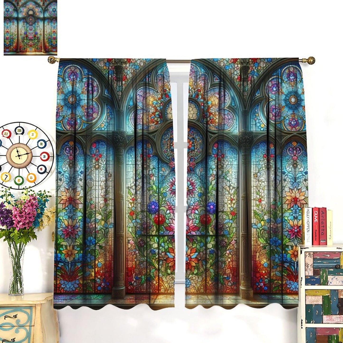 FengMingRui Stained Glass Curtains Vintage Abstract Geometry Floral Window Treatments for Boys Girls Bedroom Living Room Window Drapes 42" W X 45" L