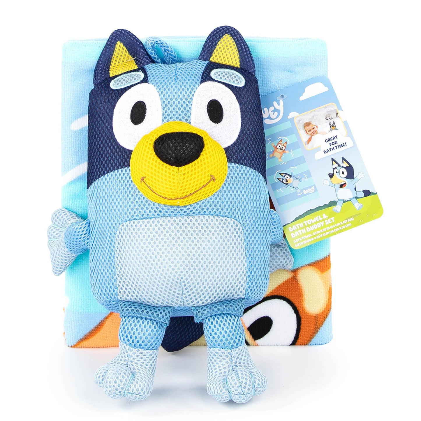 Jay Franco Bluey & Bingo Bath Towel & Bath Buddy Set - Kids Bathtub Accessories - Includes 25 x 50 Inch Microfiber Towel & 13 Inch Bluey Water Play Buddy