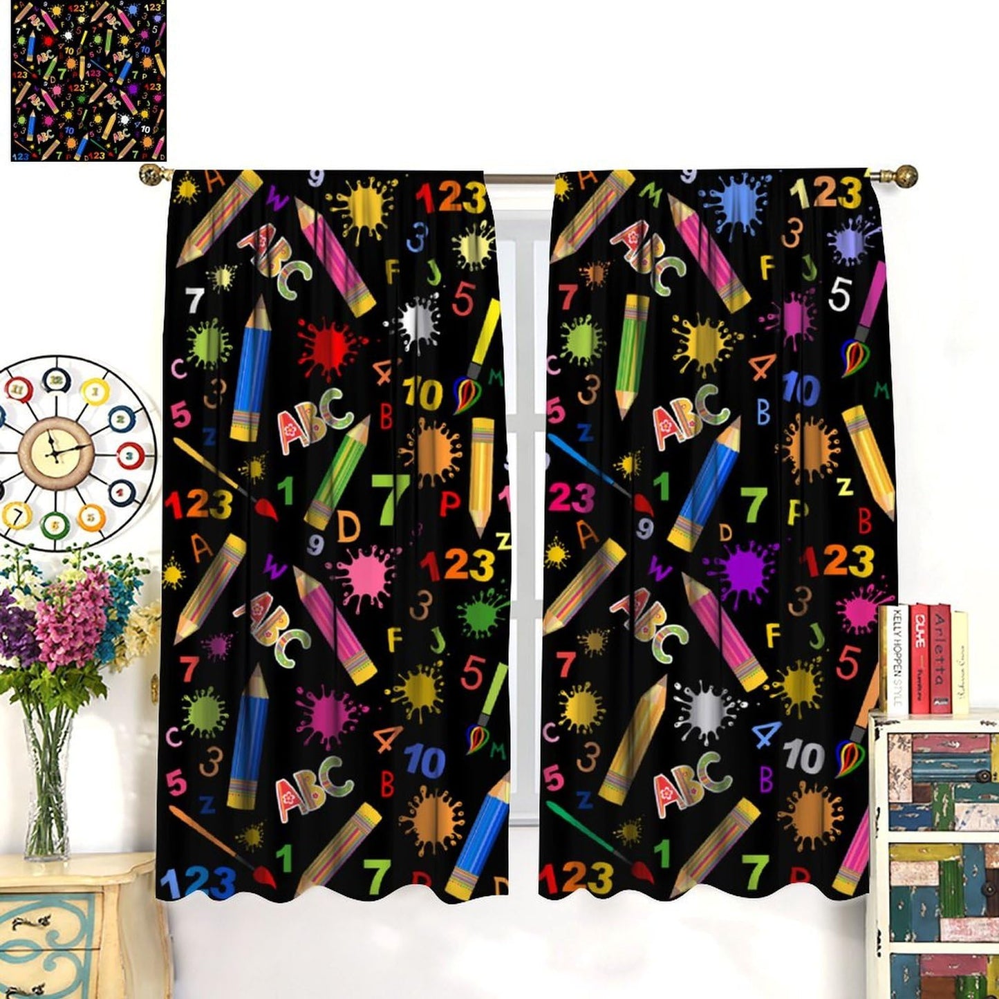 JanJCurt Back to School Curtains, Colorful Doodle Pencils ABC Numbers Cartoon Cute Supplies Stationary Print Window Treatments Curtains for Kids Bedroom Classroom, 42x45 (No Blackout)