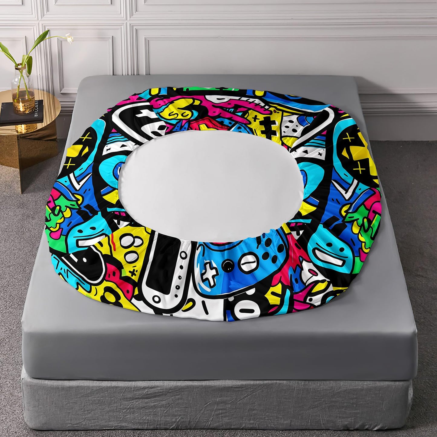 AILONEN Gaming Queen Size Fitted Sheet Set - Graffiti Video Game Controller Bedding Set for Boys Girls - Cartoon Funny Gamepad Deep Pocket Sheets with 2 Pillowcases - 3 Pieces