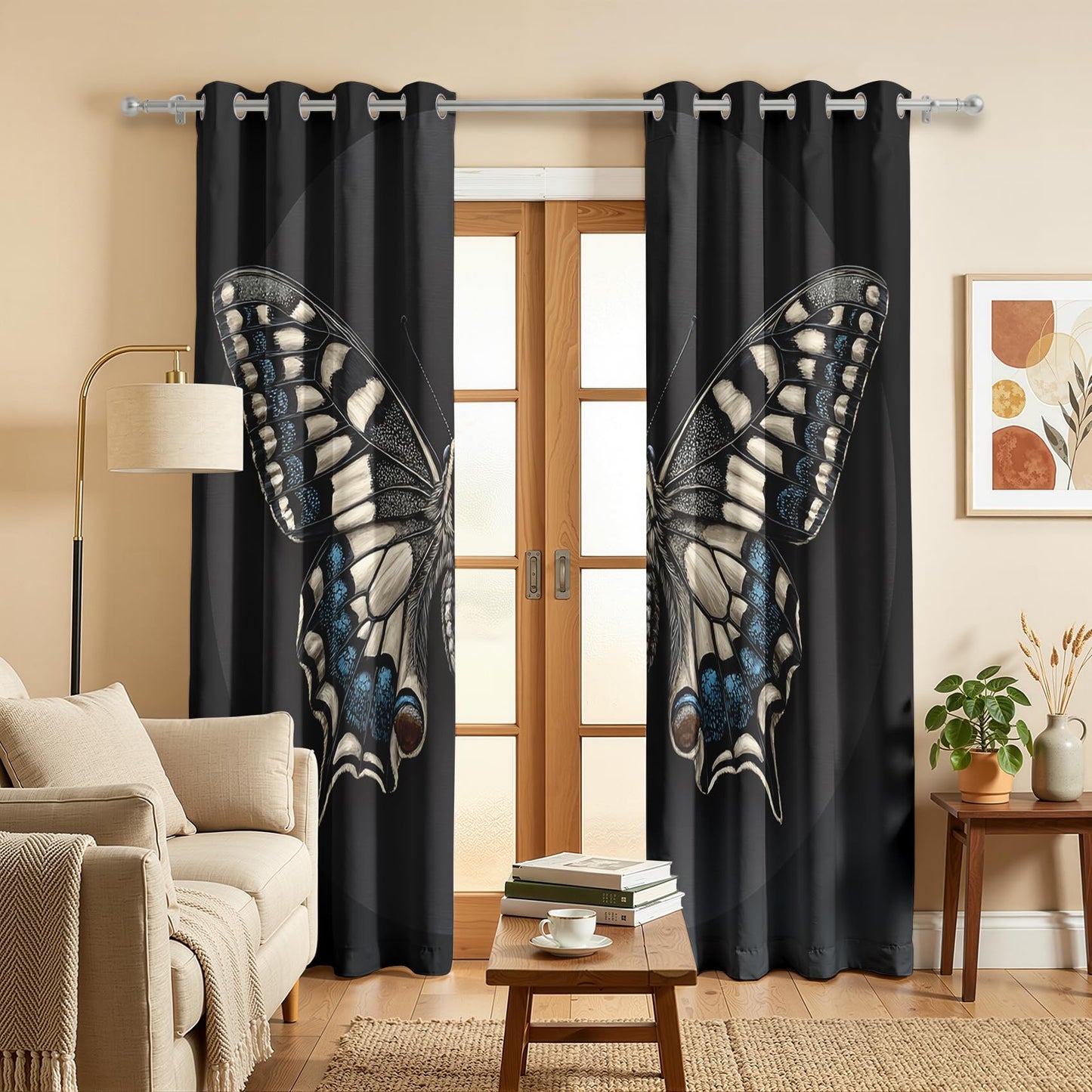 Mistwalk Butterfly Curtains Blackout, 63 Inch Curtains for Bedroom & Living Room, Room Darkening Thermal Insulated Grommet Drapes, Insect Moth Patterned Window Treatments
