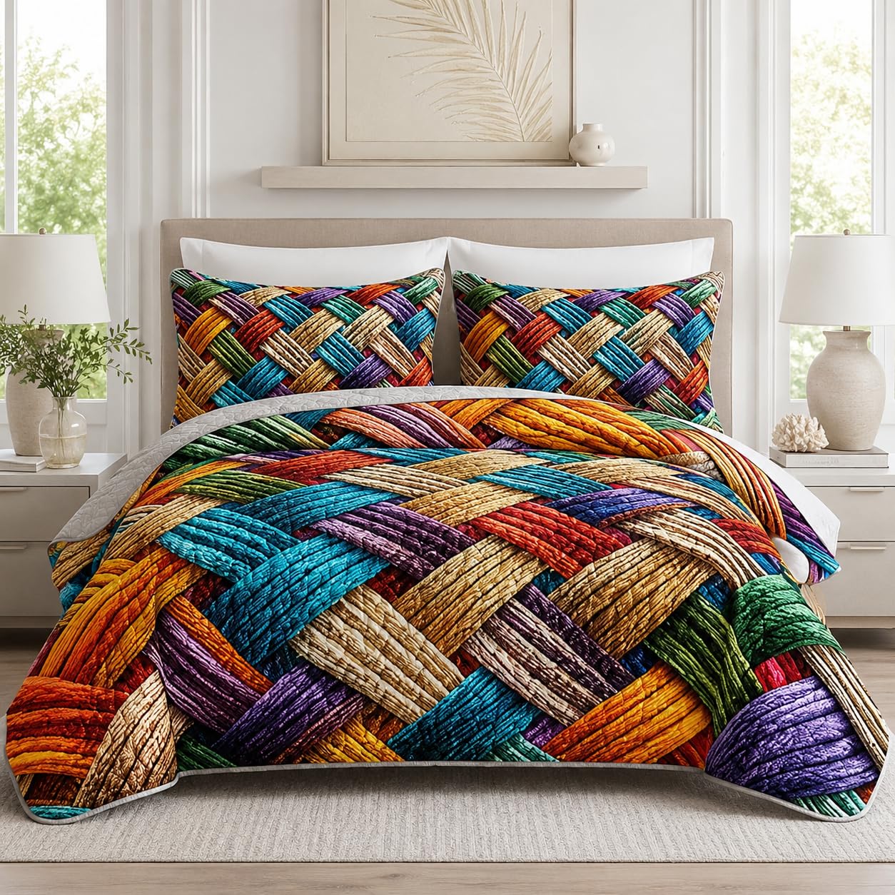 AILONEN 3-Piece Colorful Soft Quilt Set King Size, Gradient Abstract Art Boho Quilted Bedspread Coverlet,All Season Quilt,2 Pillowcases