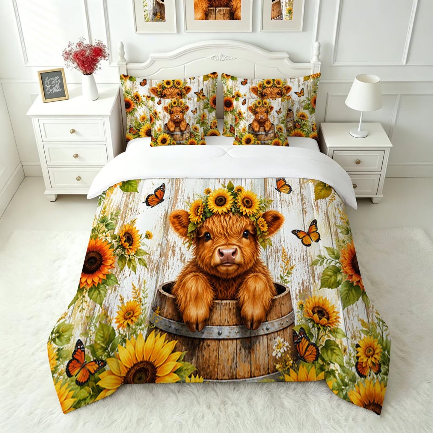 FUYEUN 7 Pcs Farmhouse Animal Bedding Comforter Set Queen Size, Kawaii Highland Calf in Barrel Print,Bed in a Bag with Flat Sheet & Pillowcases,Children Bedroom Decor