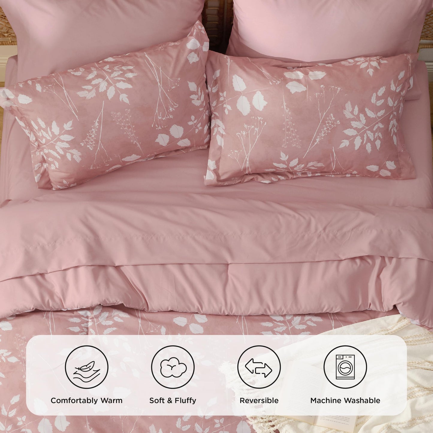 Bedsure Rose Pink Queen Comforter Set - 7 Pieces Floral Bedding Sets Queen Bed in a Bag with Reversible Botanical Flowers Comforter, Sheets, Pillowcases & Shams