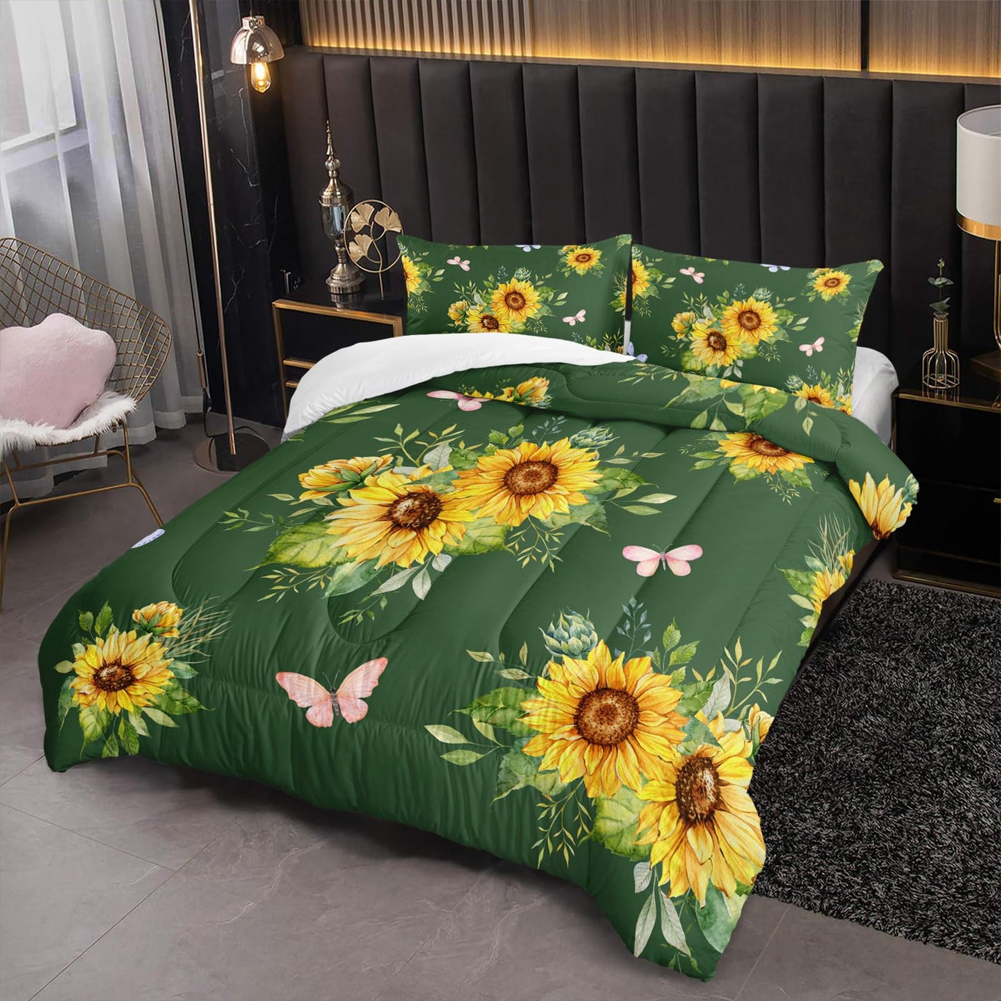 Nttopship 3 Piece Green Sunflower Comforter Sets Full Size, Farmhouse Floral Bedding Set for Girls Boys Adults,3 Piece Bed in A Bag, Ultra Soft Microfiber All Season Yellow Flower Bedding Set