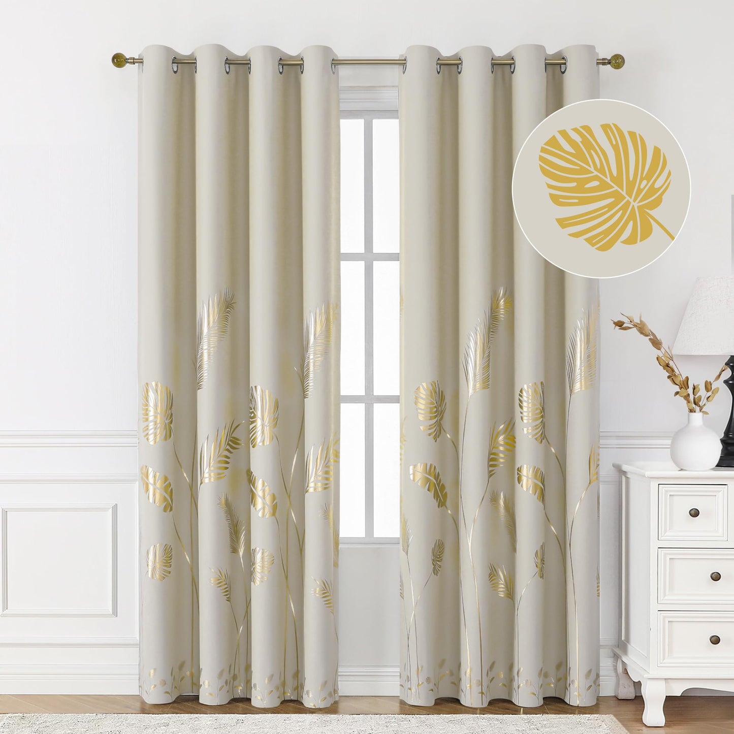 BUHUA Blackout Curtains 72 Inches Length Gold Palm Pattern Designed Window Drapes Room Darkening Noise Reducing Thermal Insulated Curtains, 52W x 72L, Natural, Set of 2 Panels