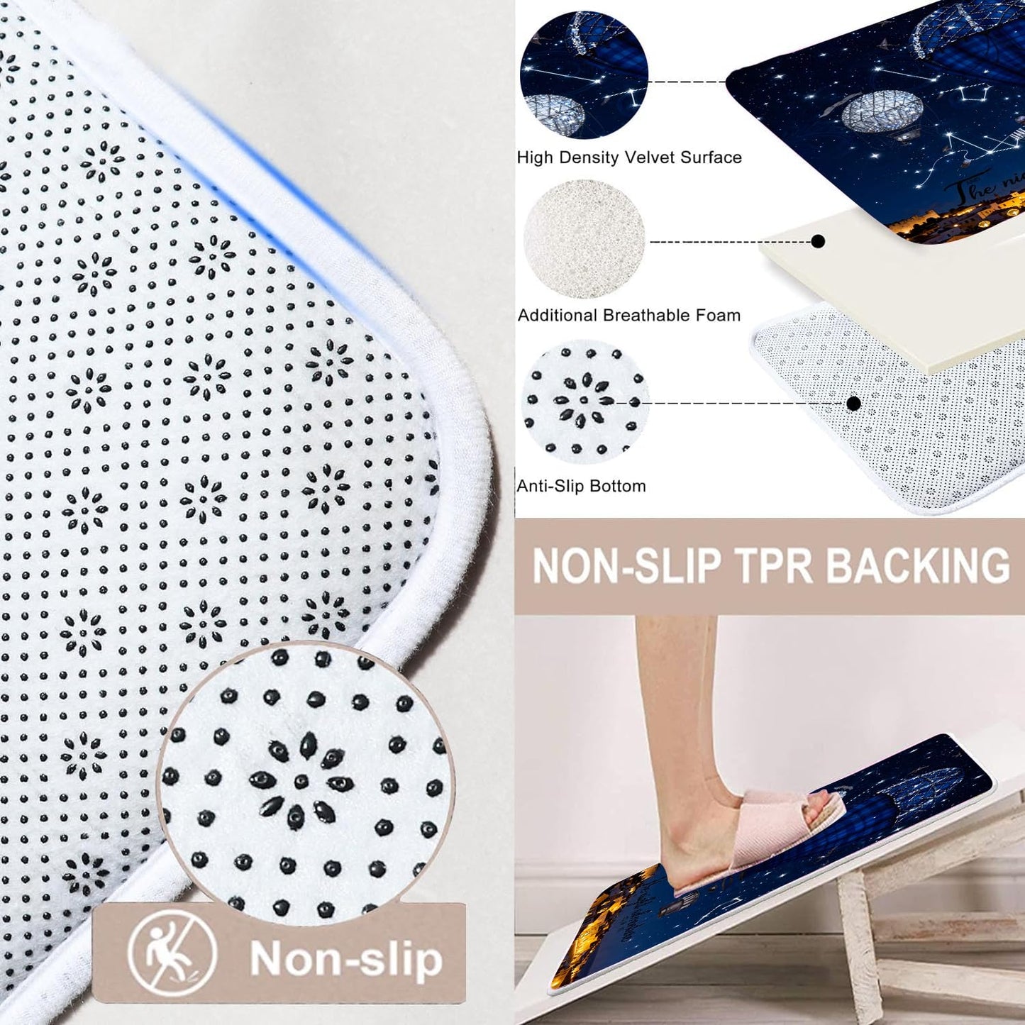 4 Piece Starry Night Shower Curtain Set with Rugs, Blue Hot Air Balloon Adventure Art Bathroom Decor, Waterproof Fabric Curtain with Non-Slip Bath Mats & Toilet Lid Cover, Romantic Night Sky Aesthetic