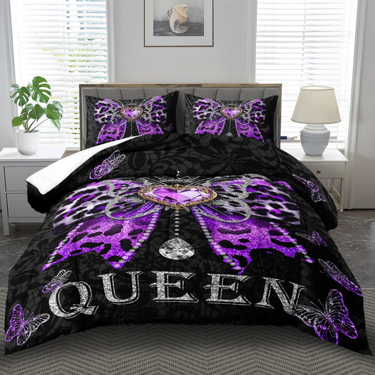 Llyxsest Leopard Print Comforter Set Queen,Purple Girls Bedding Set Queen,Vintage Floral Quilt for Girls,Purple Comforter Butterfly Decorations,Butterfly Bedding Women Bedroom Decor