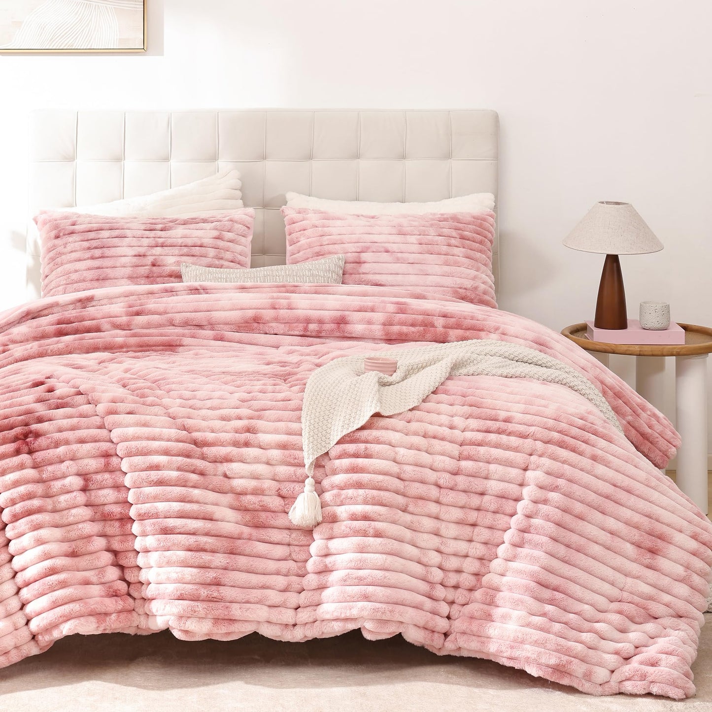 Smoofy Fluffy King Size Comforter Set 3 Pieces - Tie-dye Pink Fleece Fluffy Comforter Set, Luxury Fuzzy King Bedding Set, Soft King Bed Set All Season, Heavy Faux Fur Comforter with 2 Pillow Cases