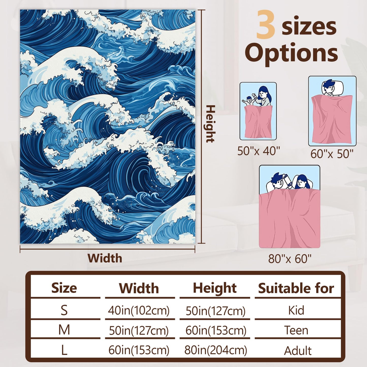 Blue Ocean Wave Sofa Throw Blankets,Vintage Japanese Soft Cozy Fuzzy Lightweight Travel Blanket,Flannel Fleece Fall Throw Blanket for Couch,Bed,Camping,Movie Nights,Watching TV 50 X 60 Inch