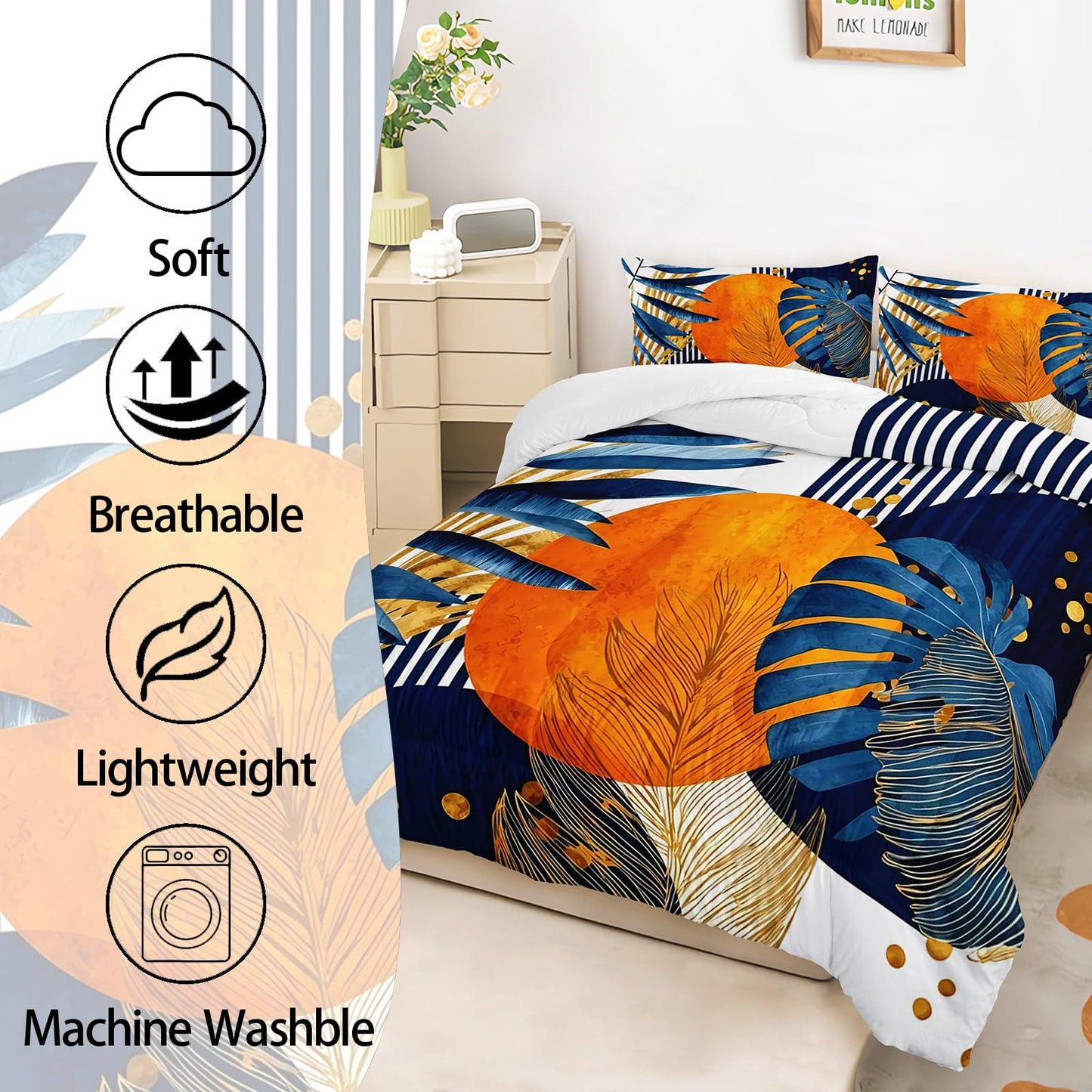 AILONEN Twin Comforter Set 3 Piece, Orange Sun Palm Bedding with 2 Pillowcases, Navy Geometric Cover for Kids Dorm Room