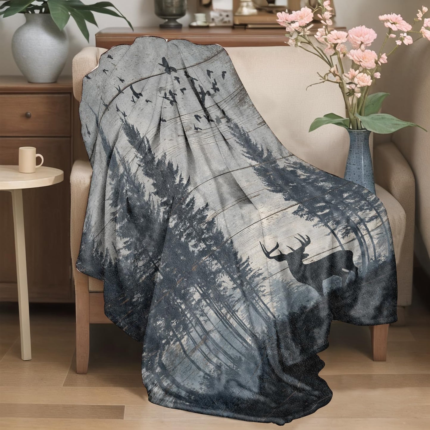 YCUFN Rustic Deer Flannel Blanket Pine Forest and Bird Design Warm Lightweight Throw Blankets for Picnic Travel Gathering and Farmhouse Cabin Decorate All Season Use Adults Kids Gifts 50x60in
