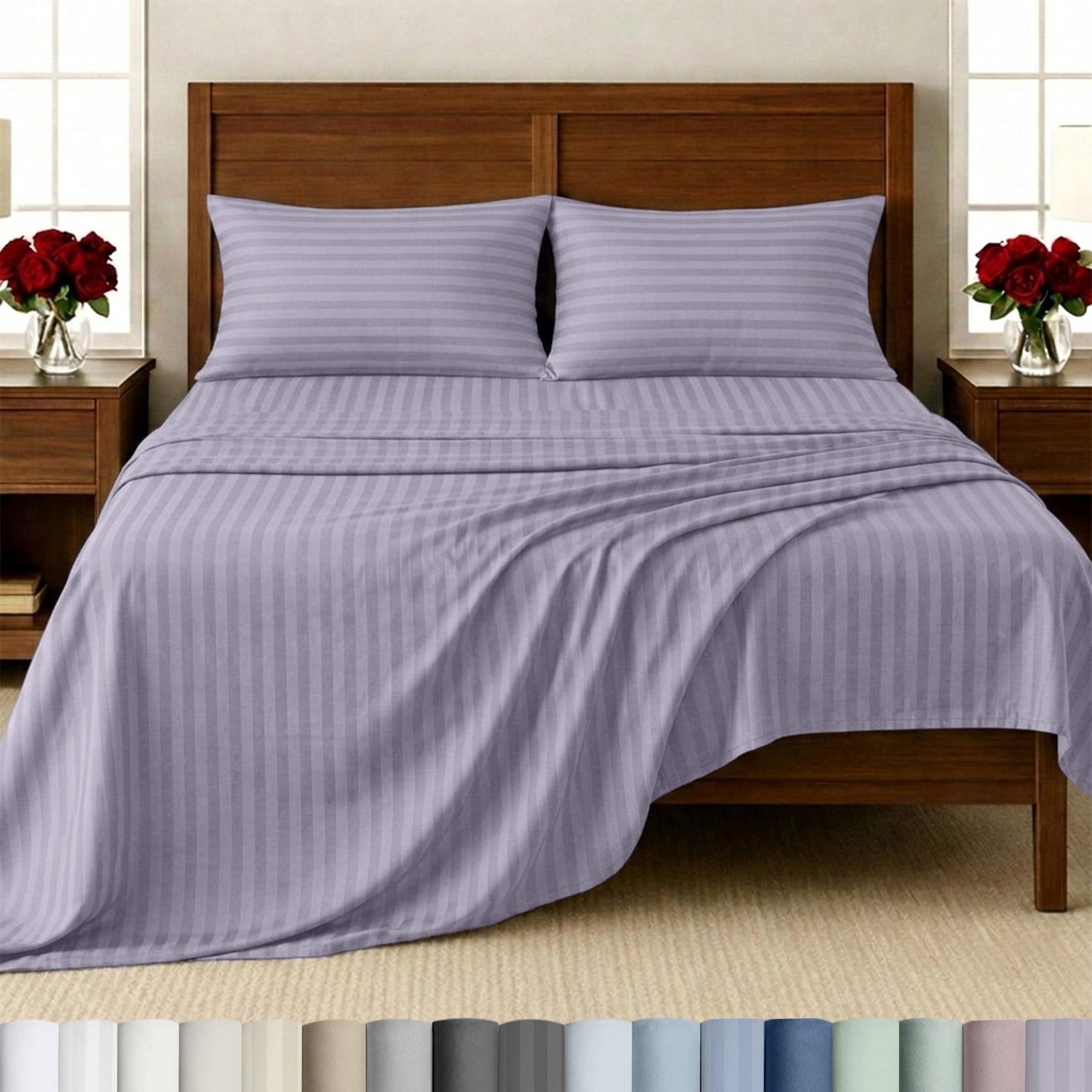 California Design Den - Deep Pocket Queen Sheet Sets, Soft 100% Cotton Sheets with Snug Fit Elastic, 500 Thread Count Sateen, Damask Stripe Bedding for Home (Stripe - Lavender)