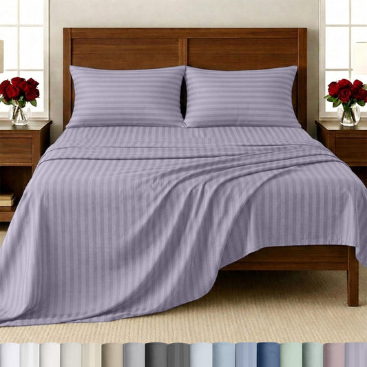 California Design Den - Deep Pocket Queen Sheet Sets, Soft 100% Cotton Sheets with Snug Fit Elastic, 500 Thread Count Sateen, Damask Stripe Bedding for Home (Stripe - Lavender)