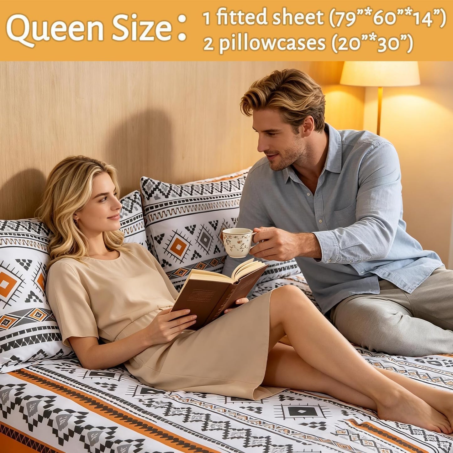MAG 3 Pieces Colorful Boho Bed Sheet,Orange Boho Fitted Sheets Queen,with 1 Fitted Sheet and 2 Pillowcases,14 Inches Deep