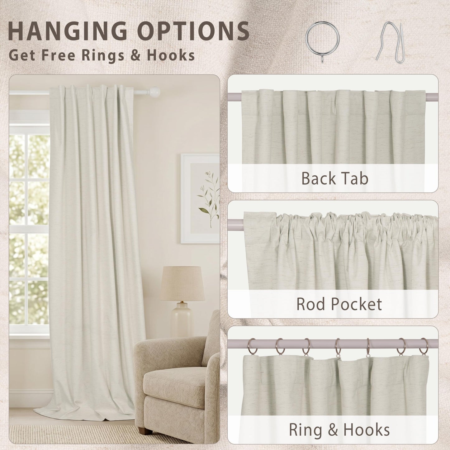 HESTIA 100% Blackout Natural Linen Curtains for Bedroom 78 Inches Long 2 Panels Set Noise Reducing Room Darkening Window Curtain for Living Room Back Tab Farmhouse Drapes (52 x 78 Inch)