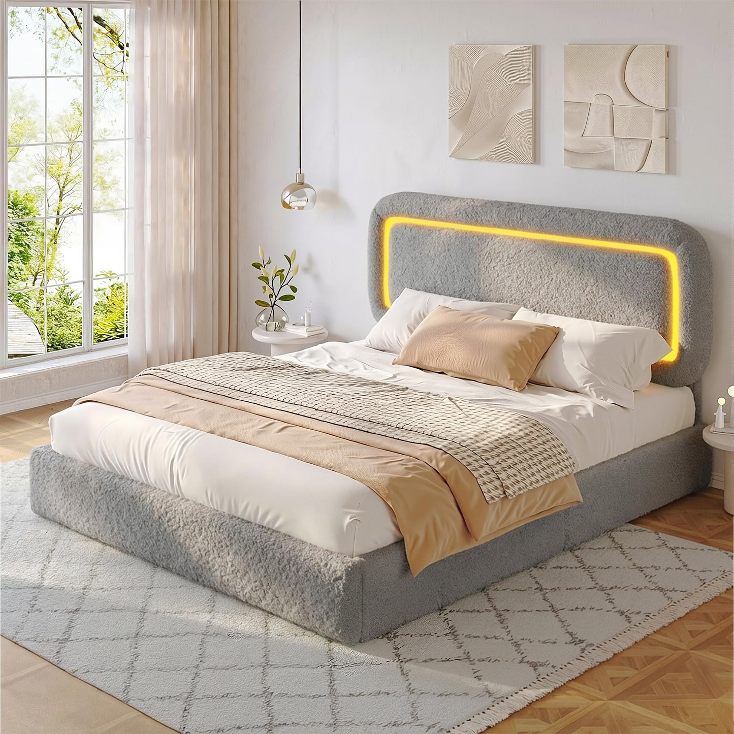 Homkdom Upholstered Full Bed Frame with Led Lights,Boucle Upholstered Full Size Bed Frame with Headboard,Soft Bed Frame Full,Anti-Collision Round Corners,No Box Spring Needed,Modern,Grey