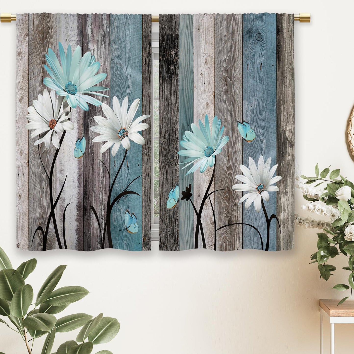 Laifzere Teal Farmhouse Daisy Kitchen Curtains Wooden Flower Small Short Cafe Window Curtains Rustic Floral Butterfly Country Bathroom Drapes Treatment Tier Curtains 2 Panels (27.5x39 Inch)