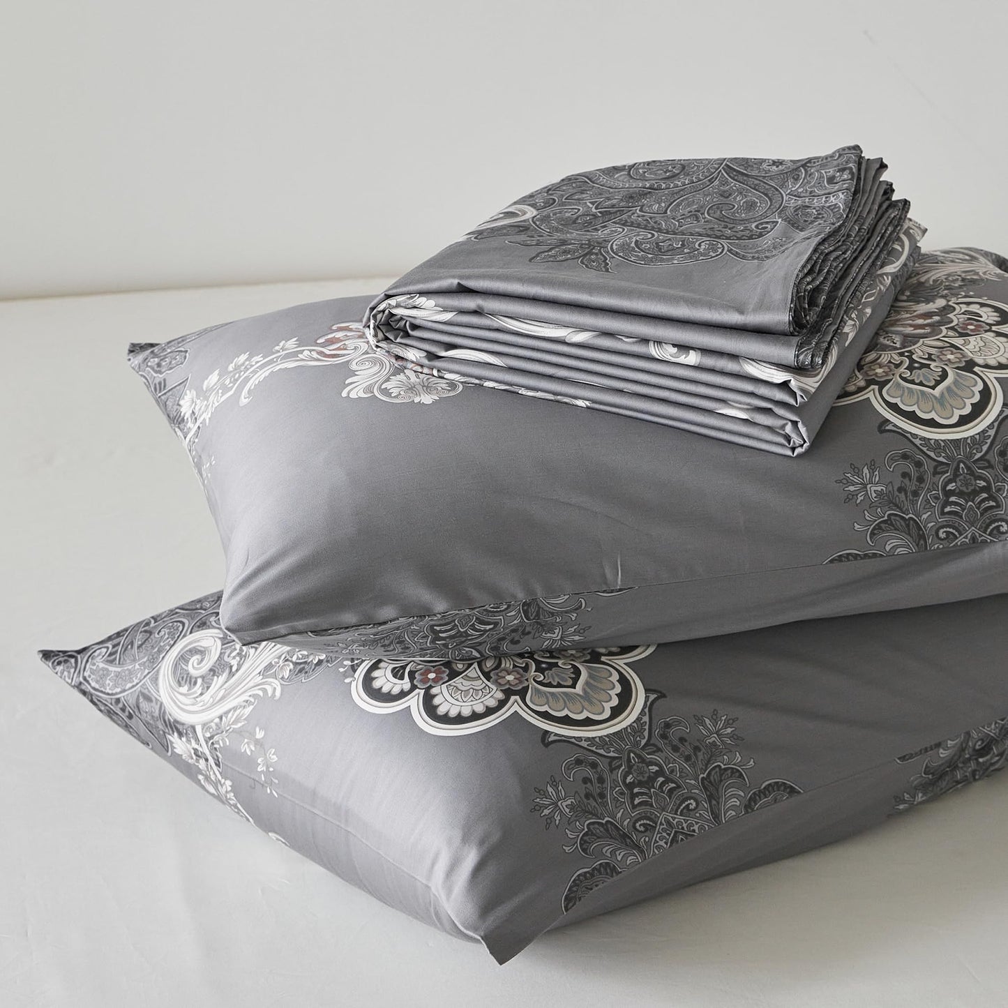 YuHeGuoJi Boho Paisley Duvet Cover King 100% Egyptian Cotton 3 Pcs Set 1 Southwestern Gray Damask Duvet Cover with Zipper Ties 2 Pillowcases Vintage William Morris Floral Bedding Set Soft