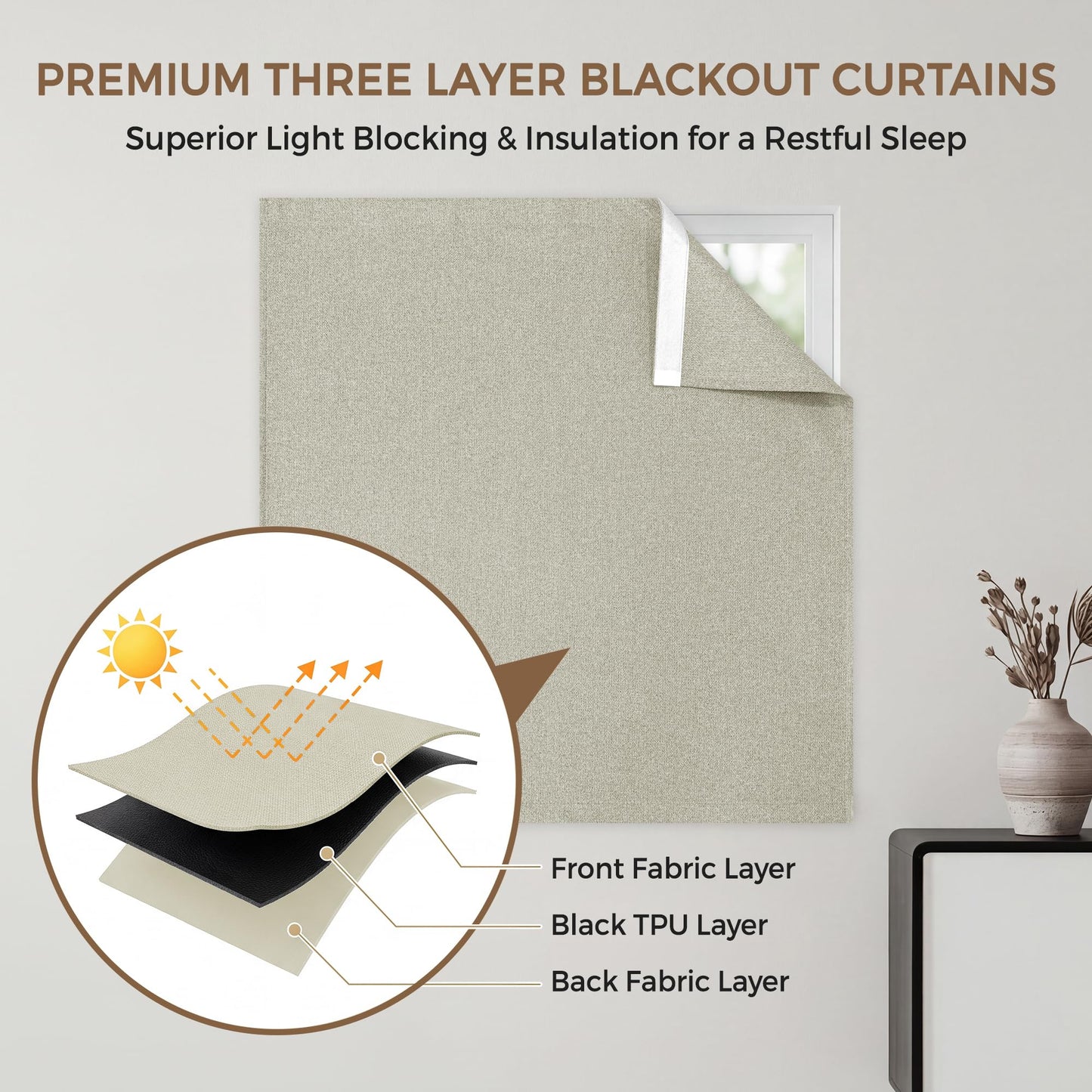 Foxdecor Blackout Curtains No Drill Hook and Loop Single Panel for Window