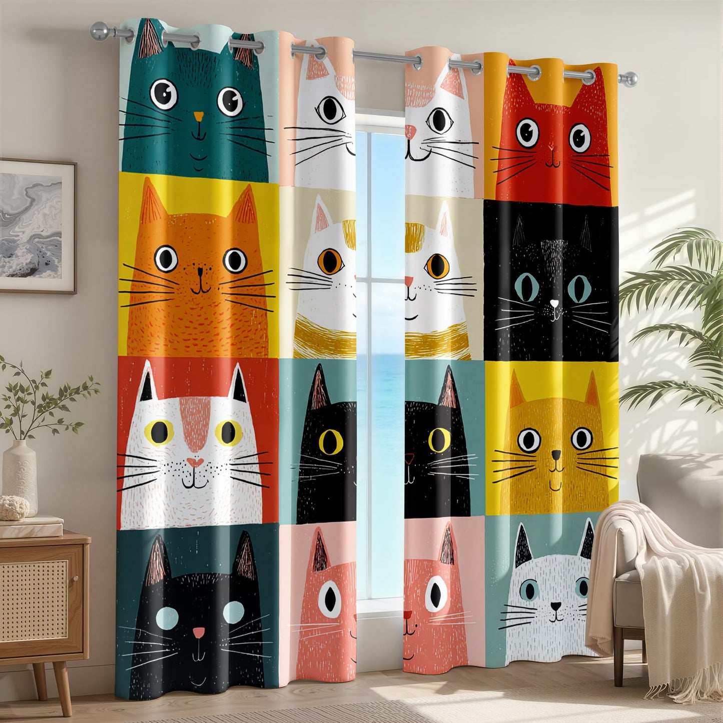 Cartoon Cat Curtains 45 Inch Length 2 Panels Set, Kids Cute Colorful Patchwork Cat Nursery Patterned Blackout Curtains for Kitchen, Thermal Insulated Room Darkening Grommet Drapes