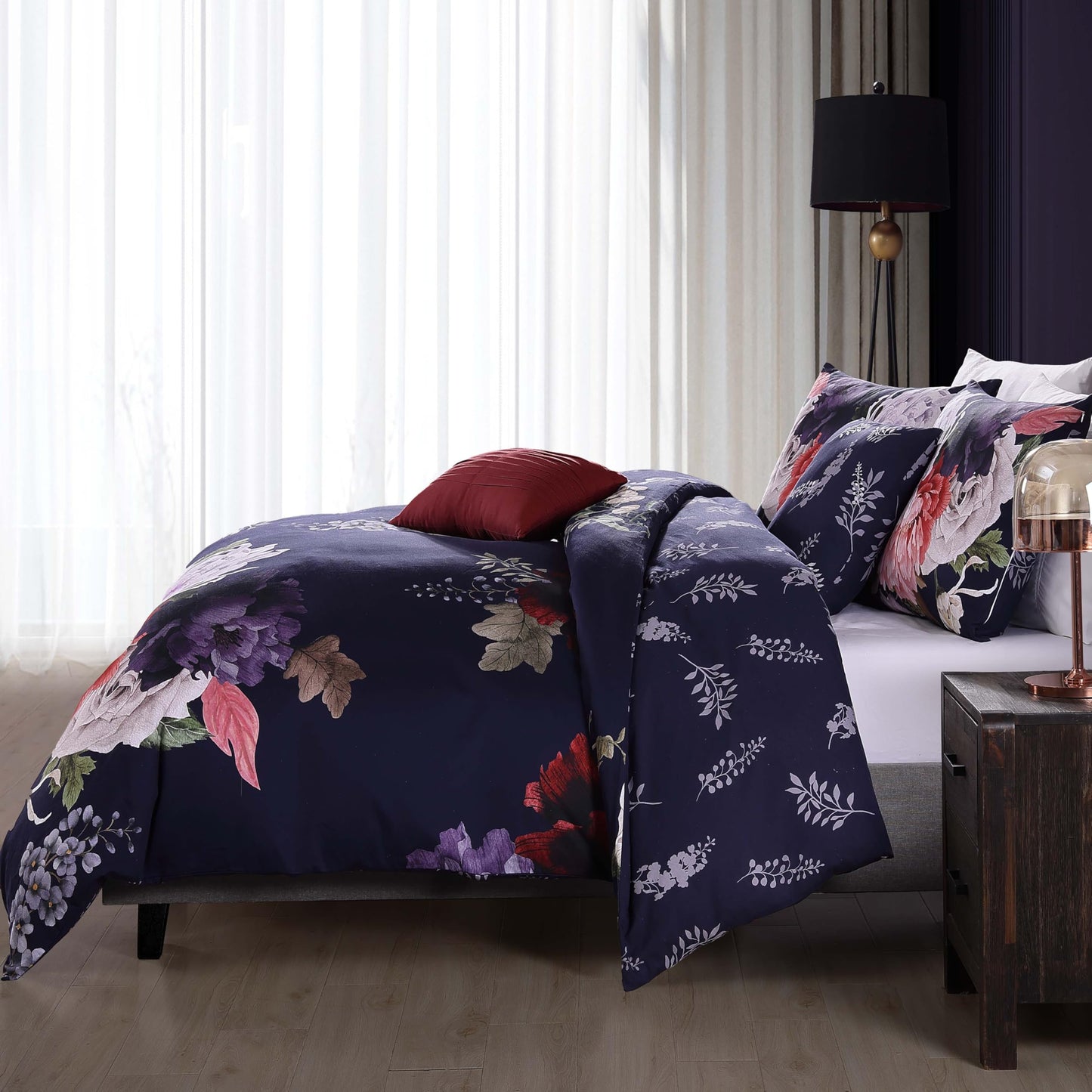 Bebejan Deep Purple Garden 5 Piece Comforter Set, 100% Cotton Sateen, 200 Thread Count, Floral Reversible Bedding Comforter Set, 1 Comforter, 2 Shams & 2 Pillows (King/Cal King)