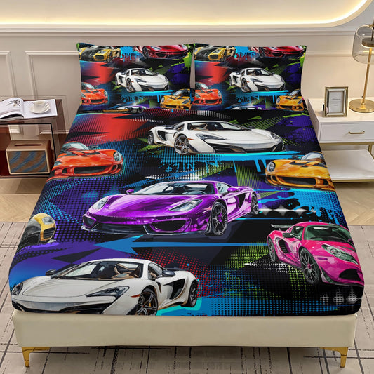 AILONEN Racing Car Fitted Sheet for Kids Boys Teen Queen Size, Extreme Sports Bedding Sets,Cool Speed Race Bed Sheet Set,Colorful Car Theme Bedsheets Set,1 Deep Pocket 2 Pillowcases,3 Pcs