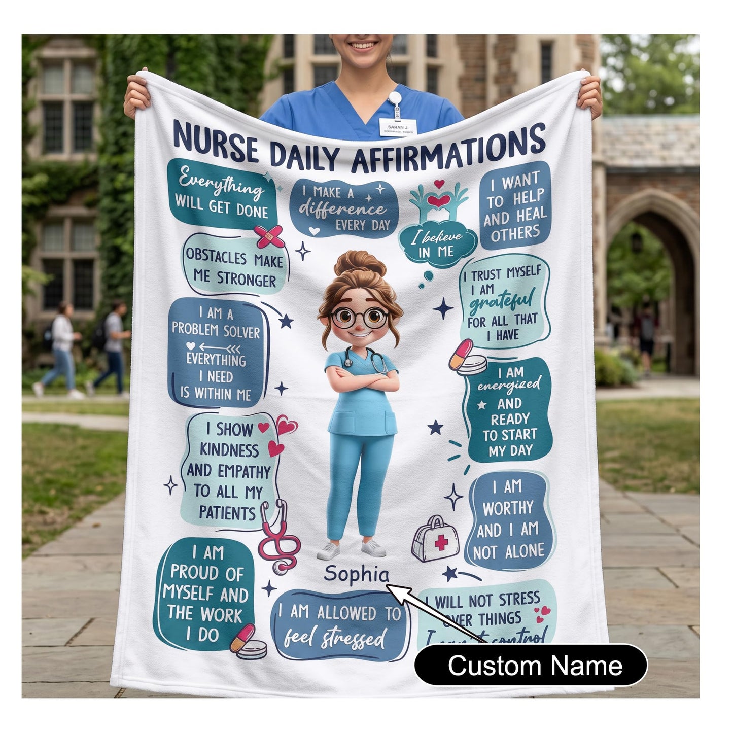 Ipplee Nurse Daily Affirmations Personalized Blanket with Custom Name, 3D Cartoon Fleece Throw for RN LPN NP Graduation, Nurses Week Appreciation Birthday for Women