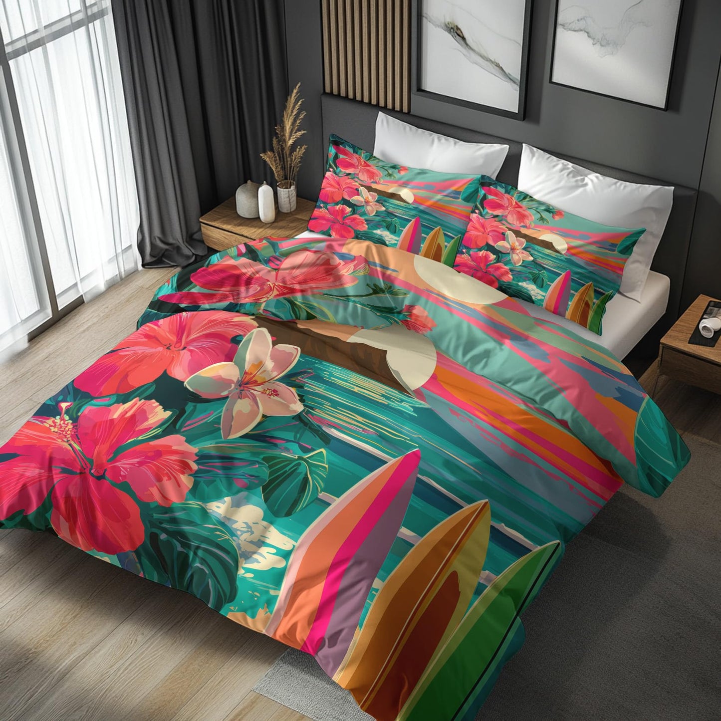 Tropical Beach Full Duvet Cover Set 3 Piece, Hawaiian Hibiscus Surfboard Reversible Bedding with 2 Pillow Shams, Zipper & Ties, Ultra Soft Microfiber, Tropical Bedroom Decorations 29A-W