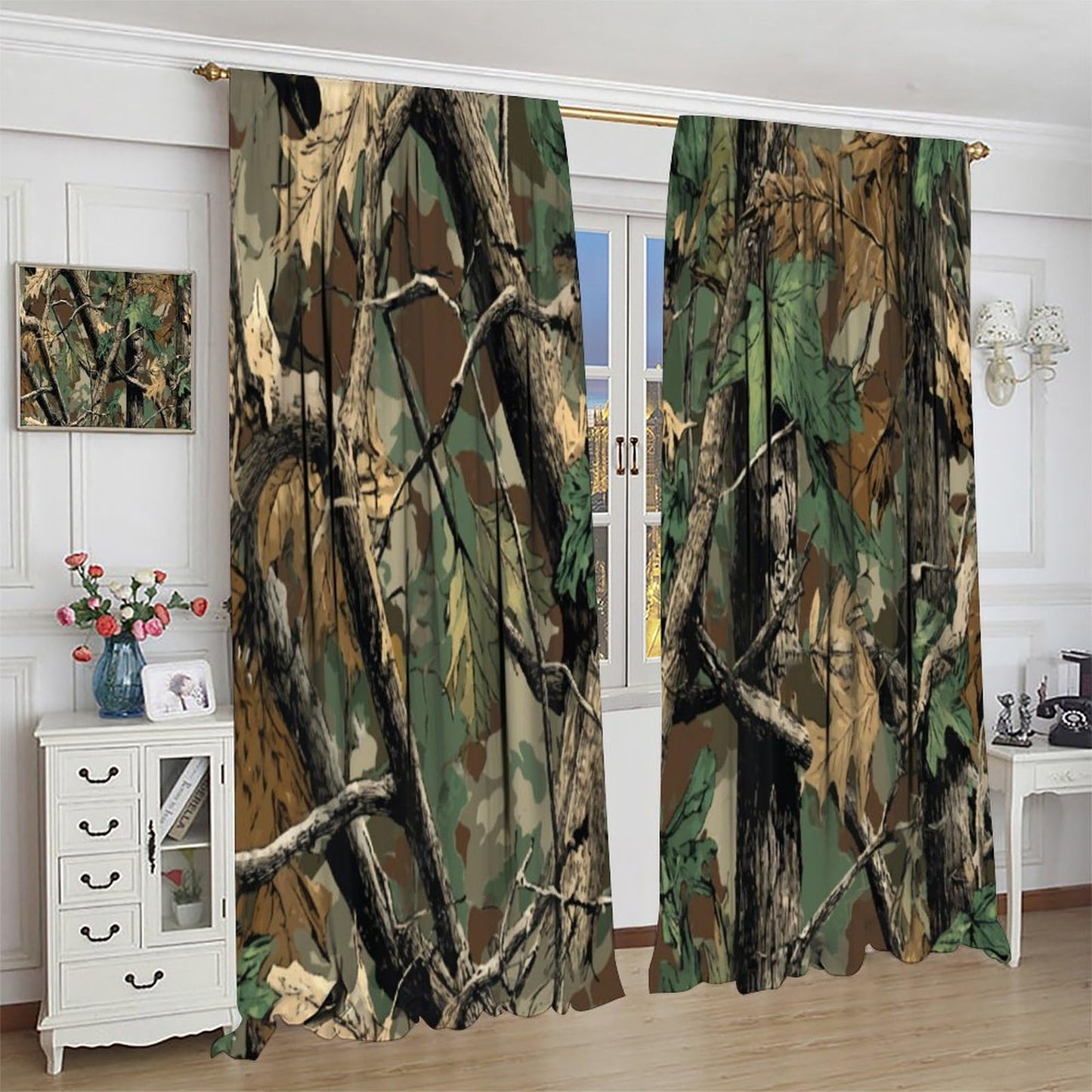 Yearn Jear Forest Camouflage Curtains, Forest Camo Oak Branches Leaves Mossy Hunting Lodge Camp Cabin Theme Windows Door Curtain for Bedroom Living Room Home Decor 42x45in Decor