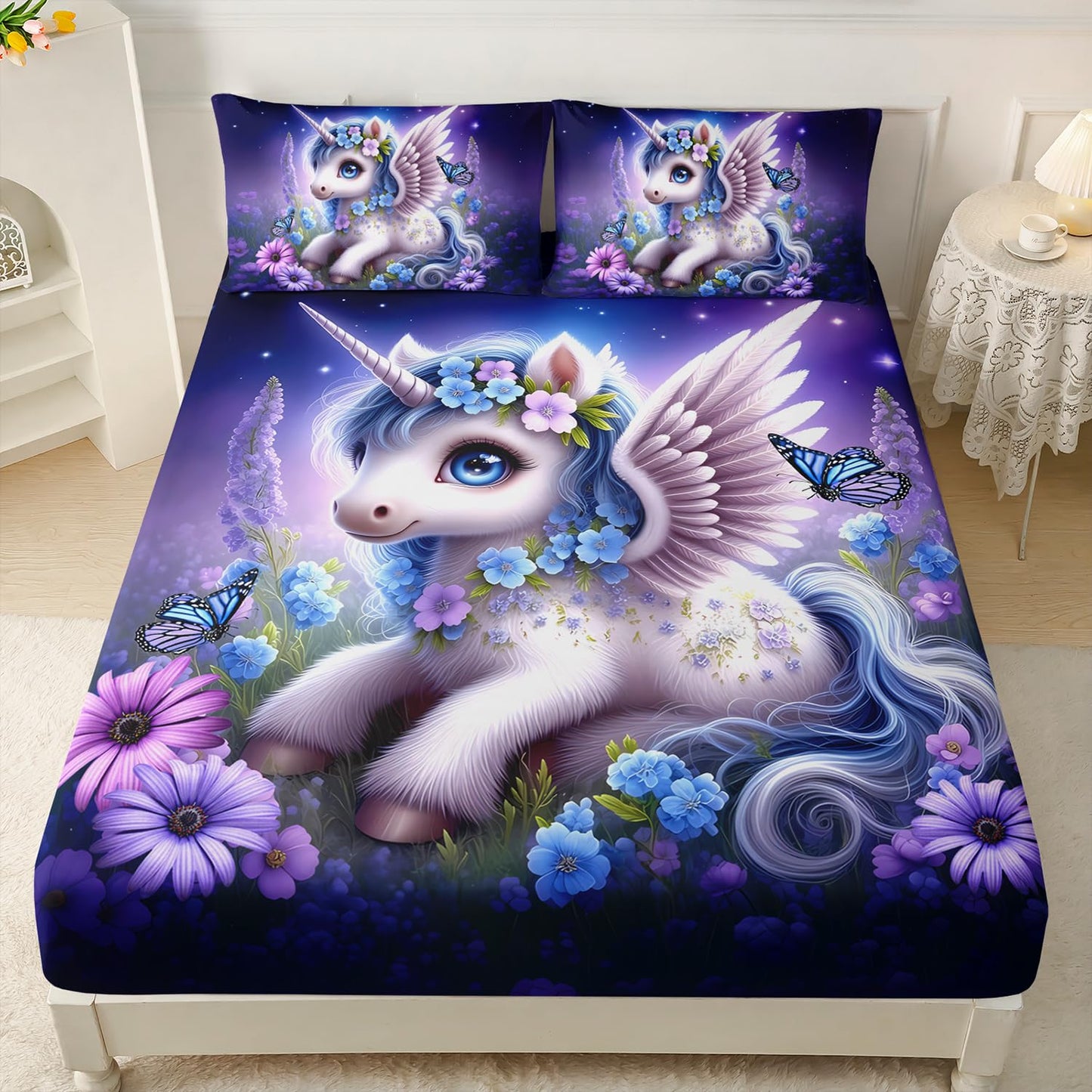 HOSIMA Unicorn Twin Fitted Sheet,Kawaii Unicorn Surrounded by Flowers Butterflies Print Animal Bedding,Lavender Pattern Princess Bedding for Kids Girls Room Decor,1 Fitted Sheet+2 Pillowcases.
