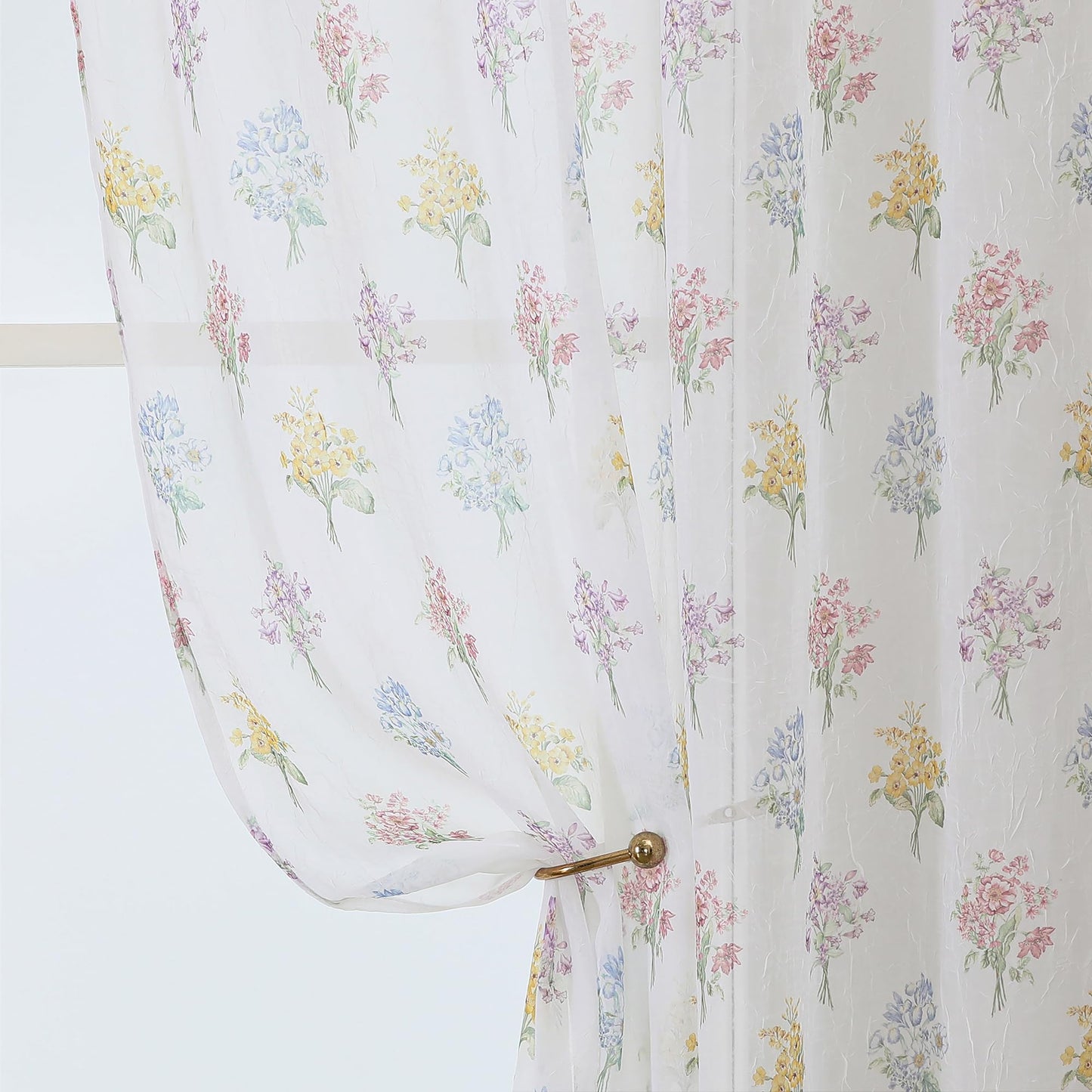 Ebesto Crushed Floral Sheer Curtains 63 Inch Length - Light Filtering Printed Sheer Flower Patterned Curtains for Bedroom, Spring Romantic Rod Pocket Window Drapes, 2 Panels, 42Wx63L Inches, White