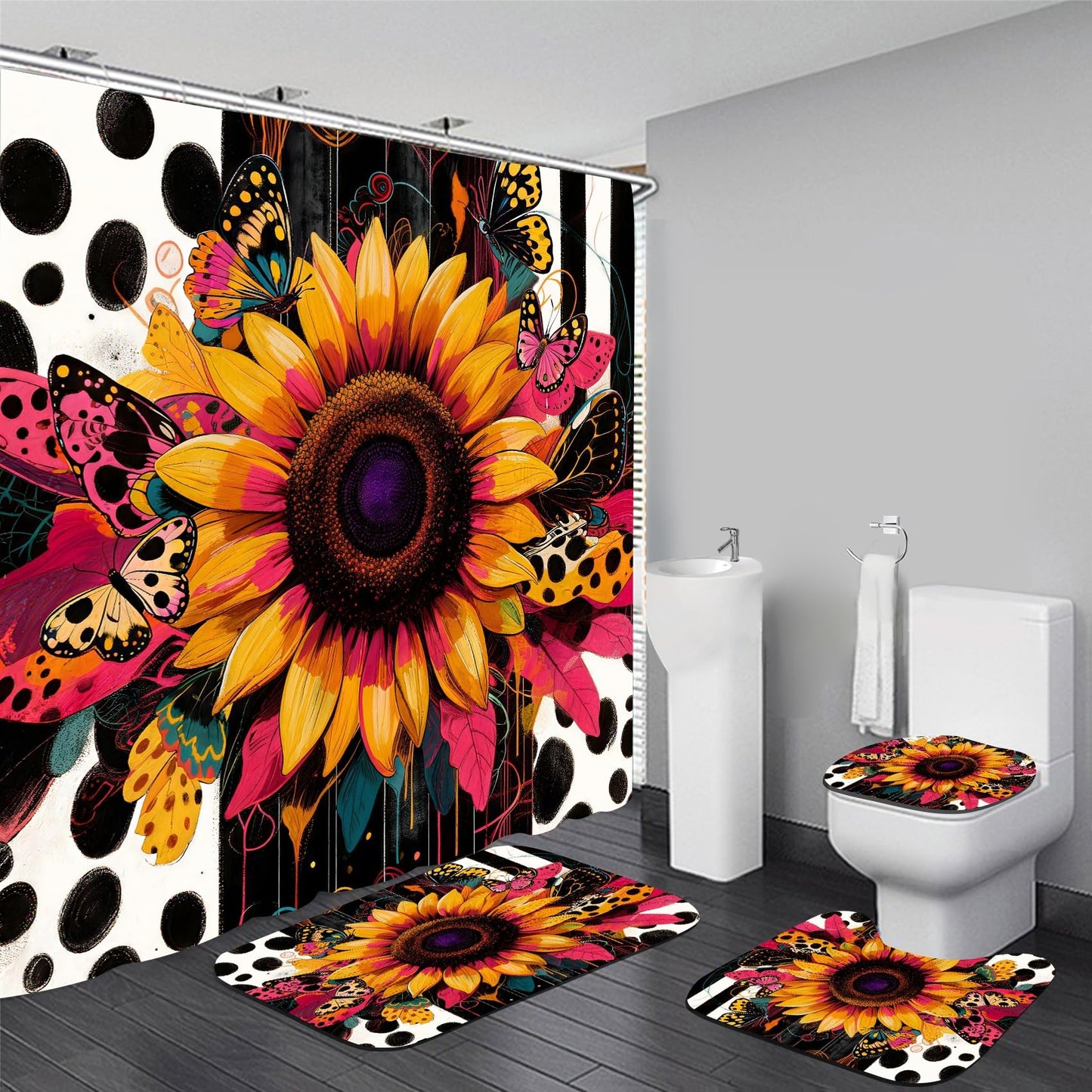 AZHM Shower Curtain Sets with Rugs 4 Piece Sunflower Bathroom Sets Decor Accessories Include Non-Slip Rug Toilet Lid Cover Bath Mat and 12 Hooks