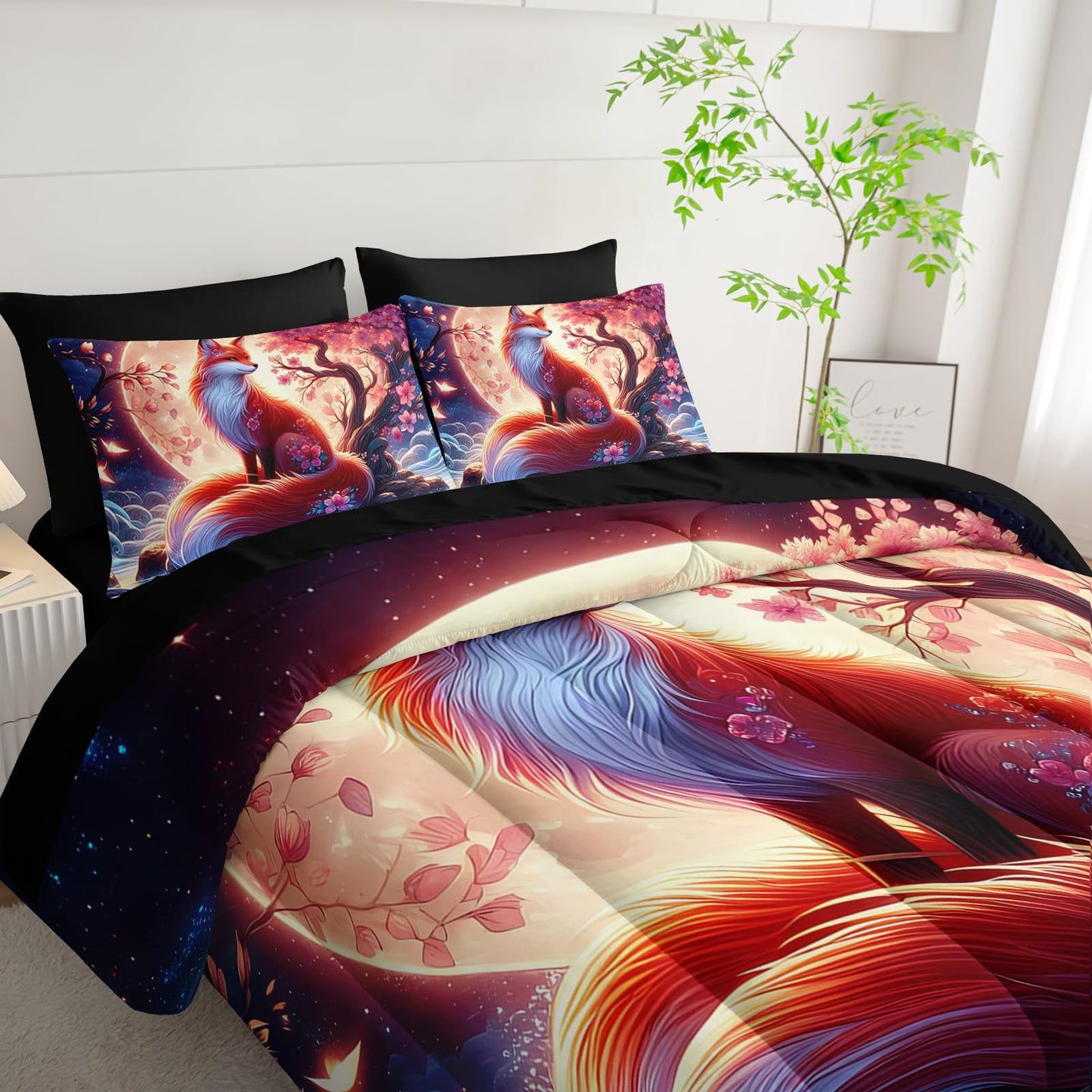 Nttopship Fox Comforter Set Twin Size 7PCS, Cartoon Fox Sakura Bedding Set 7 Piece in A Bag,Bed Sheet Set Wildlife Bedroom Decor,Microfiber Lightweight All Season
