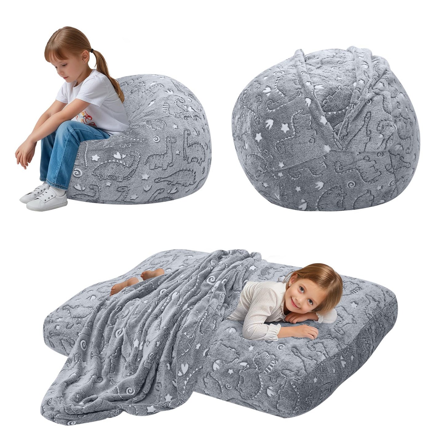 COMAX Kids Bean Bag Chair Turn into Beanbag Bed, Dinosaur Toddler Bean Chair for Girl Boy Sleeping, Lazy Children Bean Bags with Filler, Convertible Child Floor Mattress, Grey Dino