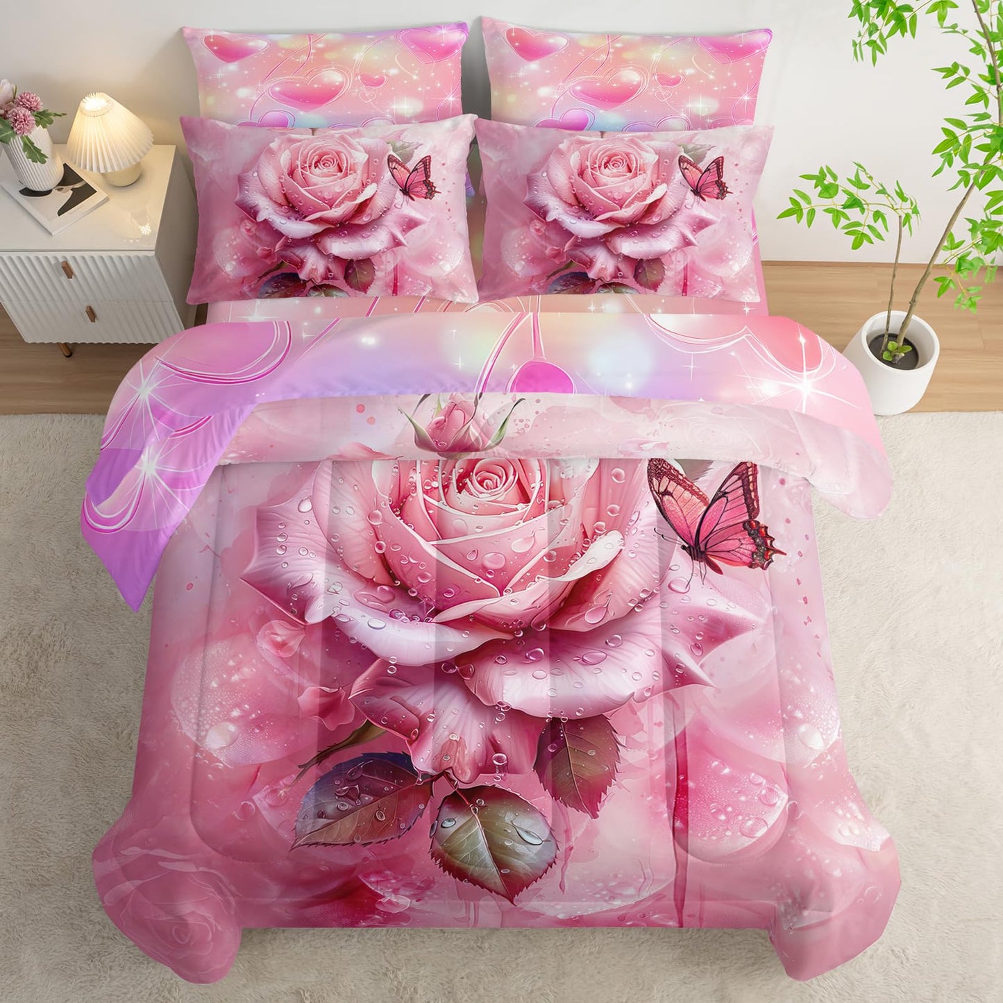 AILONEN Pink Rose Comforter Set Full Size for Girls Women,7-Piece Soft Bed in a Bag,Rose Flower Butterfly Comforter & Fitted Sheet & Flat Sheet & 2 Pillowcases,2 Pillow Shams