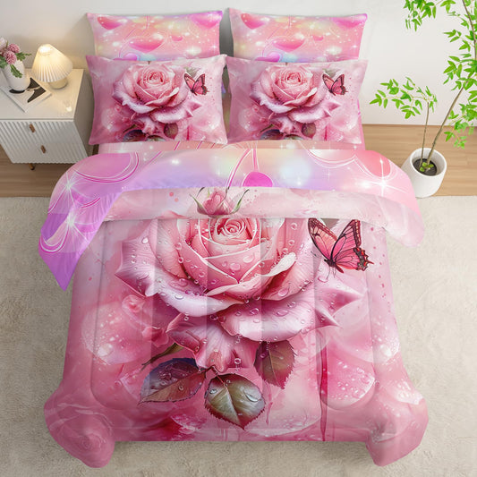 AILONEN Pink Rose Comforter Set Full Size for Girls Women,7-Piece Soft Bed in a Bag,Rose Flower Butterfly Comforter & Fitted Sheet & Flat Sheet & 2 Pillowcases,2 Pillow Shams