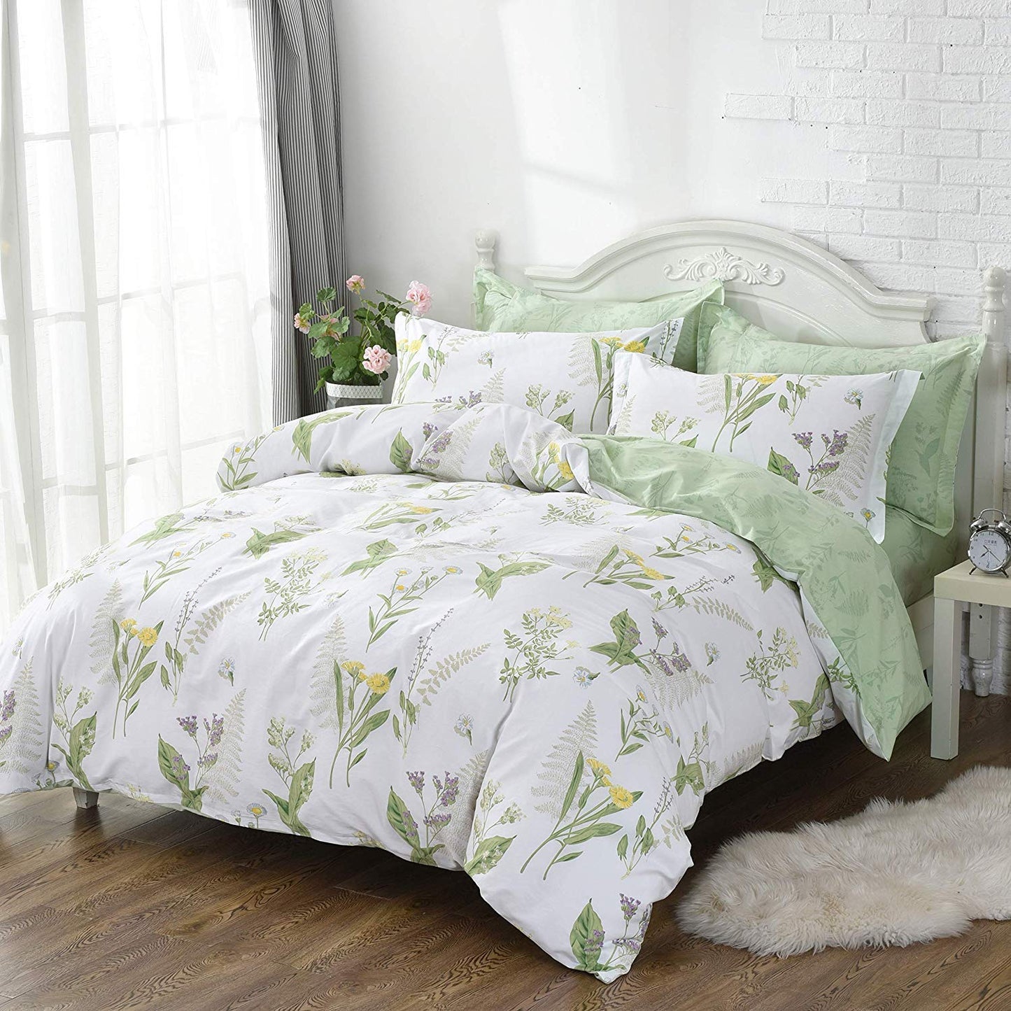 FADFAY Duvet Cover Set Full Shabby Green Daisy and Lavender Flowers Botanical Comforter Cover 100% Cotton with Hidden Zipper Closure 3-Piece, 1 Duvet Cover & 2 Pillowcases Full Size