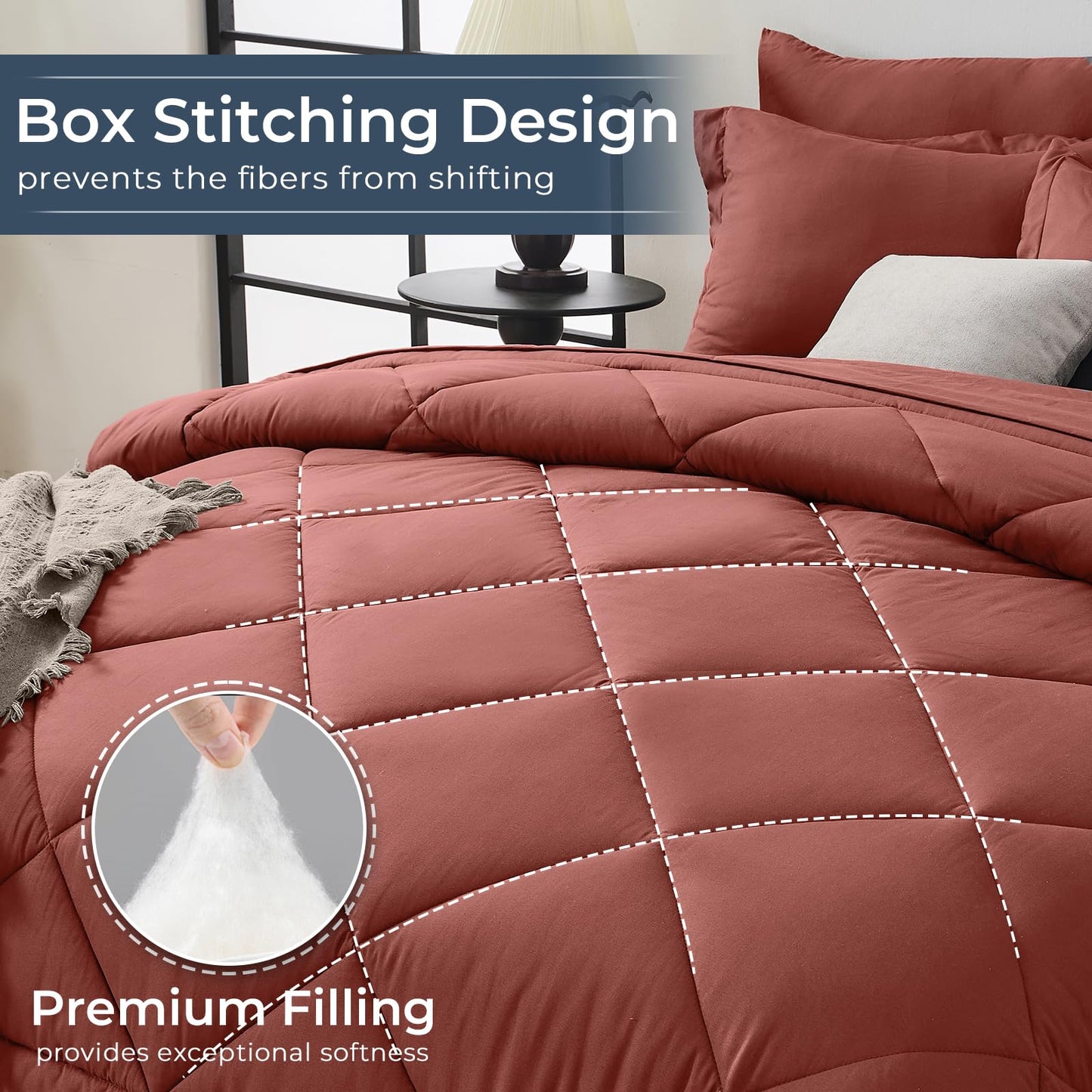 HEVUMYI Terracotta Queen Comforter Set - 7-Piece All Season Bed in a Bag Queen, Ultra Soft Bedding Set with Comforter, Flat Sheet, Fitted Sheet, Pillowcases, Pillow Shams