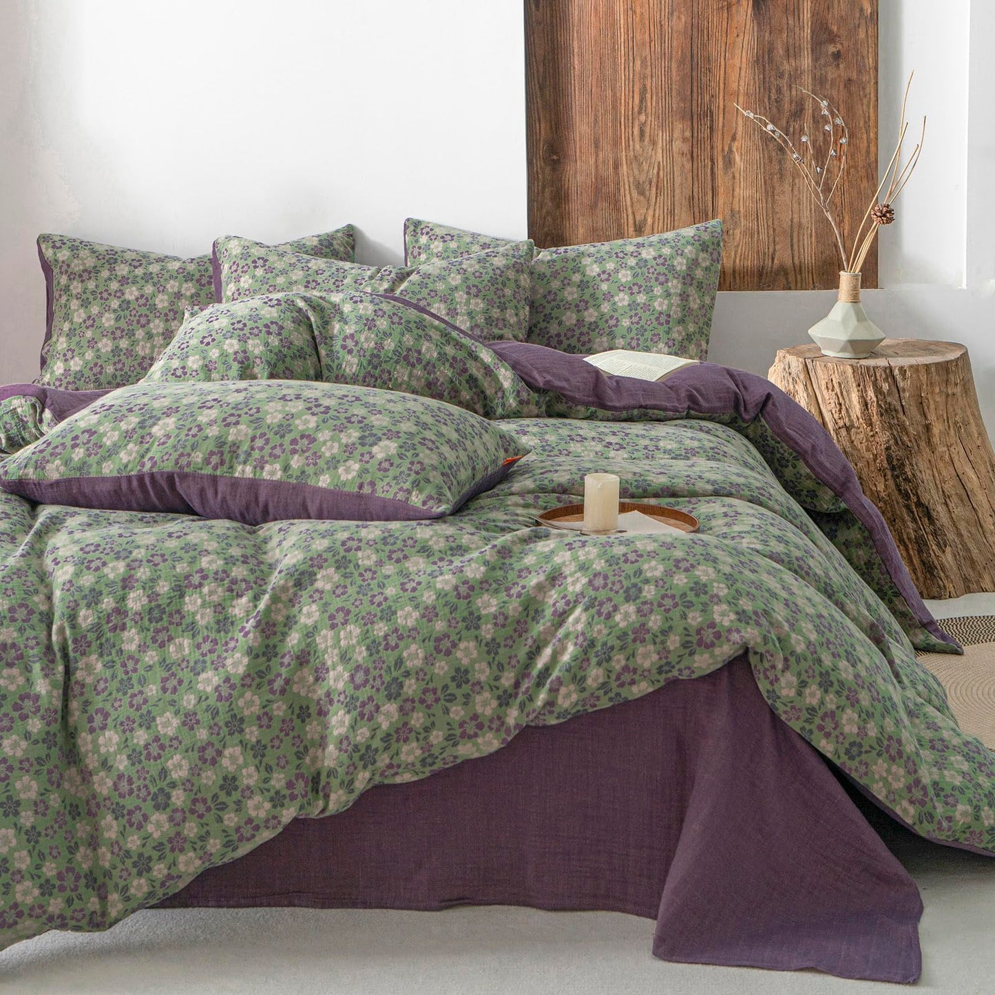 VM VOUGEMARKET Green & Purple Floral Jacquard Duvet Cover Set Queen,Breathable Double Layer Gauze Farmhouse Style Bedding Set for Home