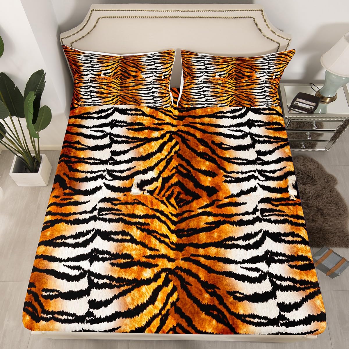 Tiger Fur Bed Sheets Full Brown Black Tiger Print Sheet Set for Kids Boys Girls Gorgeous Animal Skin Bedroom Decor Bedding Set Safari Animal Theme Fitted Sheet + Flat Sheet + 2 Pillowcases Ultra Soft