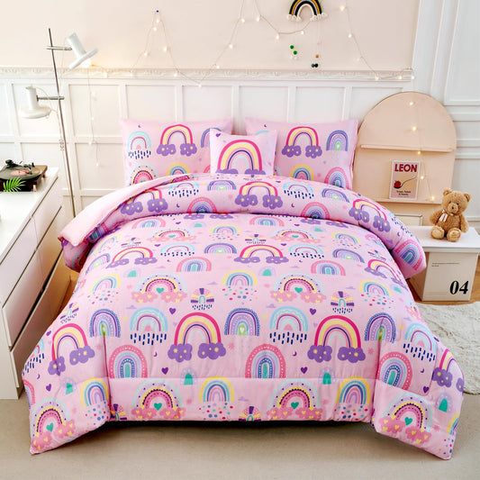 ANGIYUIN 6 Pieces Full Size Kids Comforter Set for Girls Colorful Rainbow Bed in A Bag with Sheets Cute Cartoon Clouds, Stars, Love Hearts Printed Bedding Set for All Season, Pink, Full